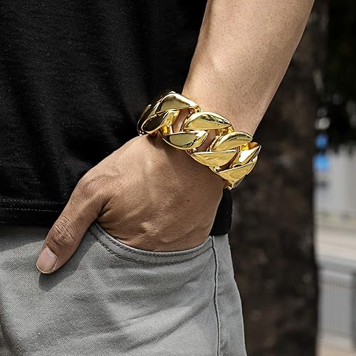 Miniatura 3 de ROWIN&CO Jewelry - Enorme pulsera gruesa de 1.260 in para hombre, resistente, chapado en oro amarillo de 18 quilates, cadena cubana de acero