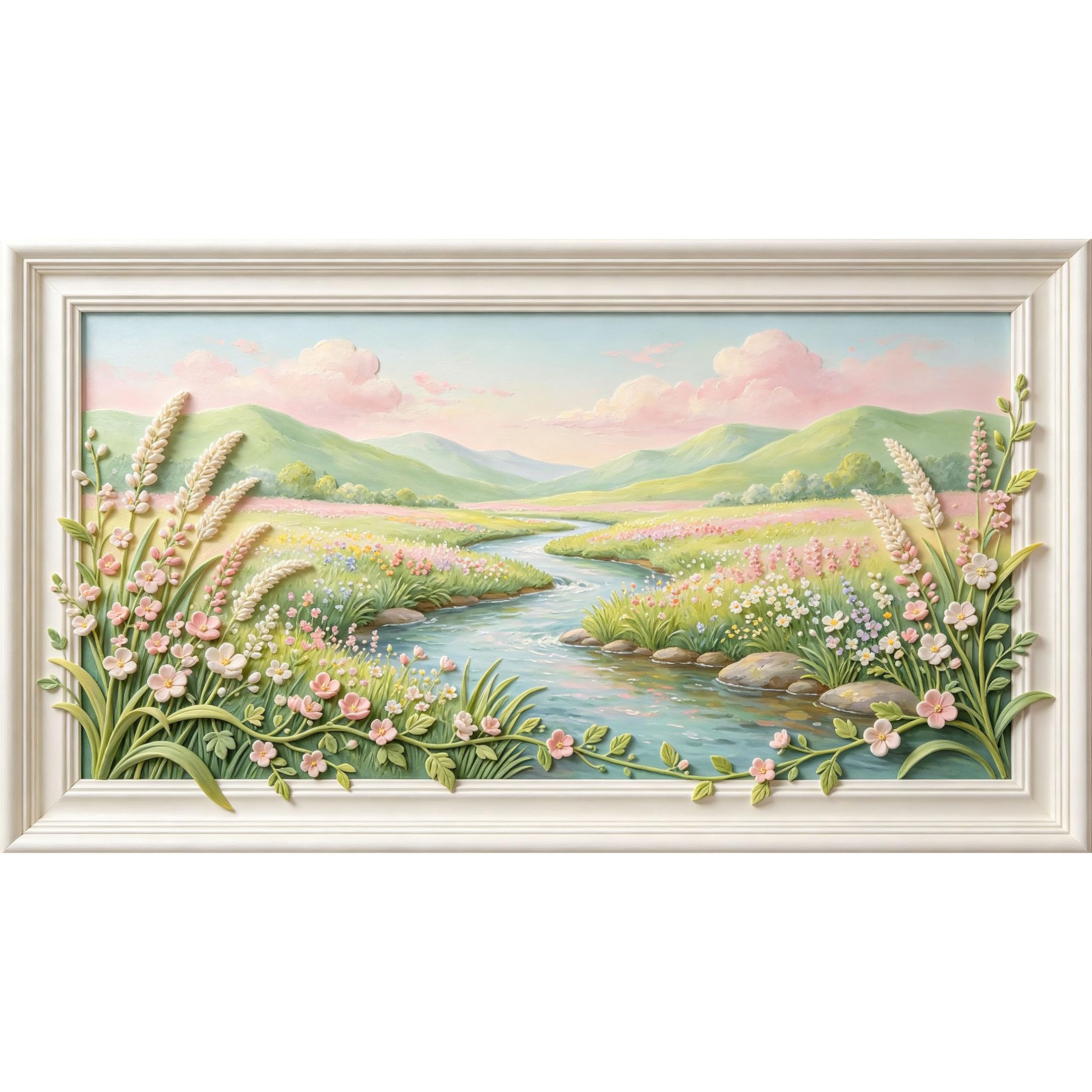 QZLITHOTIC 50×90cm3D Framed Wall Art， Pastel Spring Meadow River Landscape Mural， WaterActivated Peel & Stick Fabric Decor Wall Decal for Bedroom Living Room