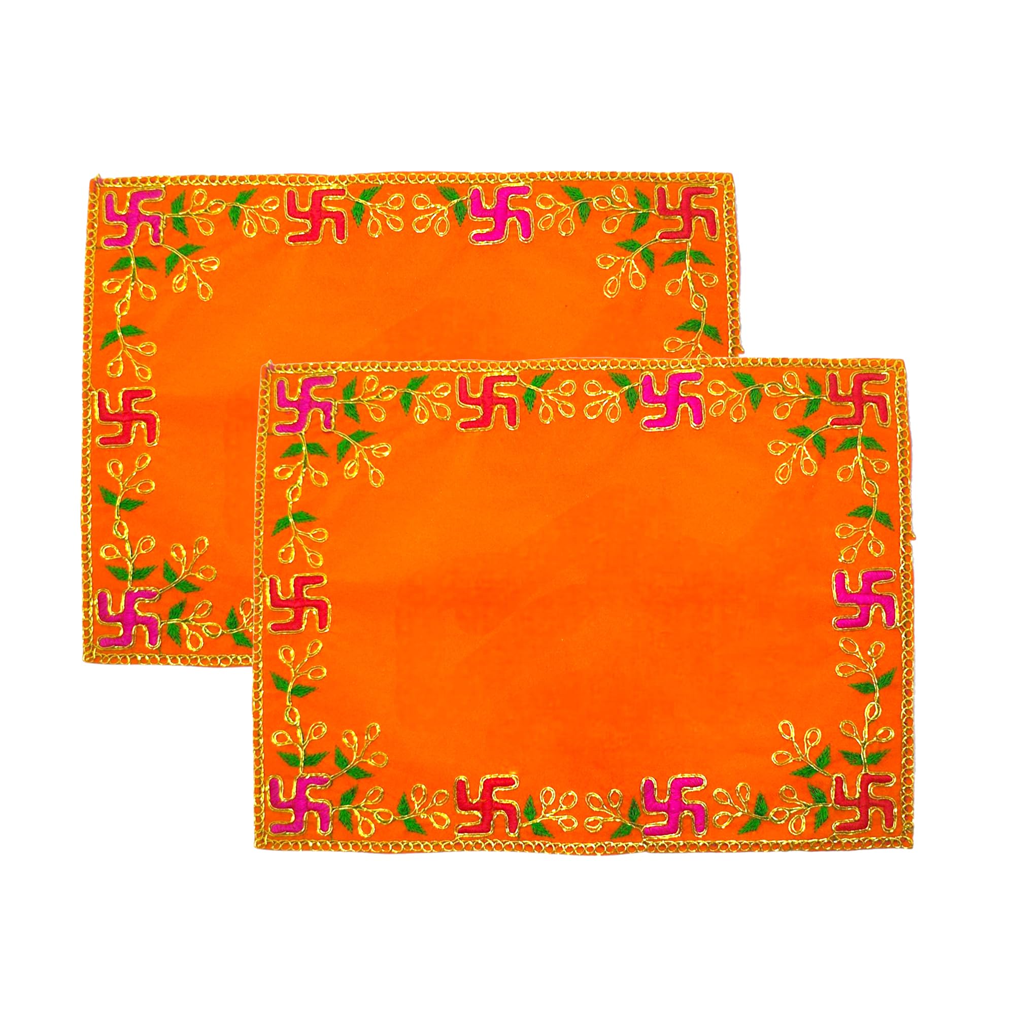 Achleshwar Designer Velvet Embroidered Pooja Aasan Cloth 10x16 inch Orange | Chowki Aasan for God Idol | Mandir Table Altar Cover for Temple, Puja Shelf, Diwali Decoration Pack 0f 2