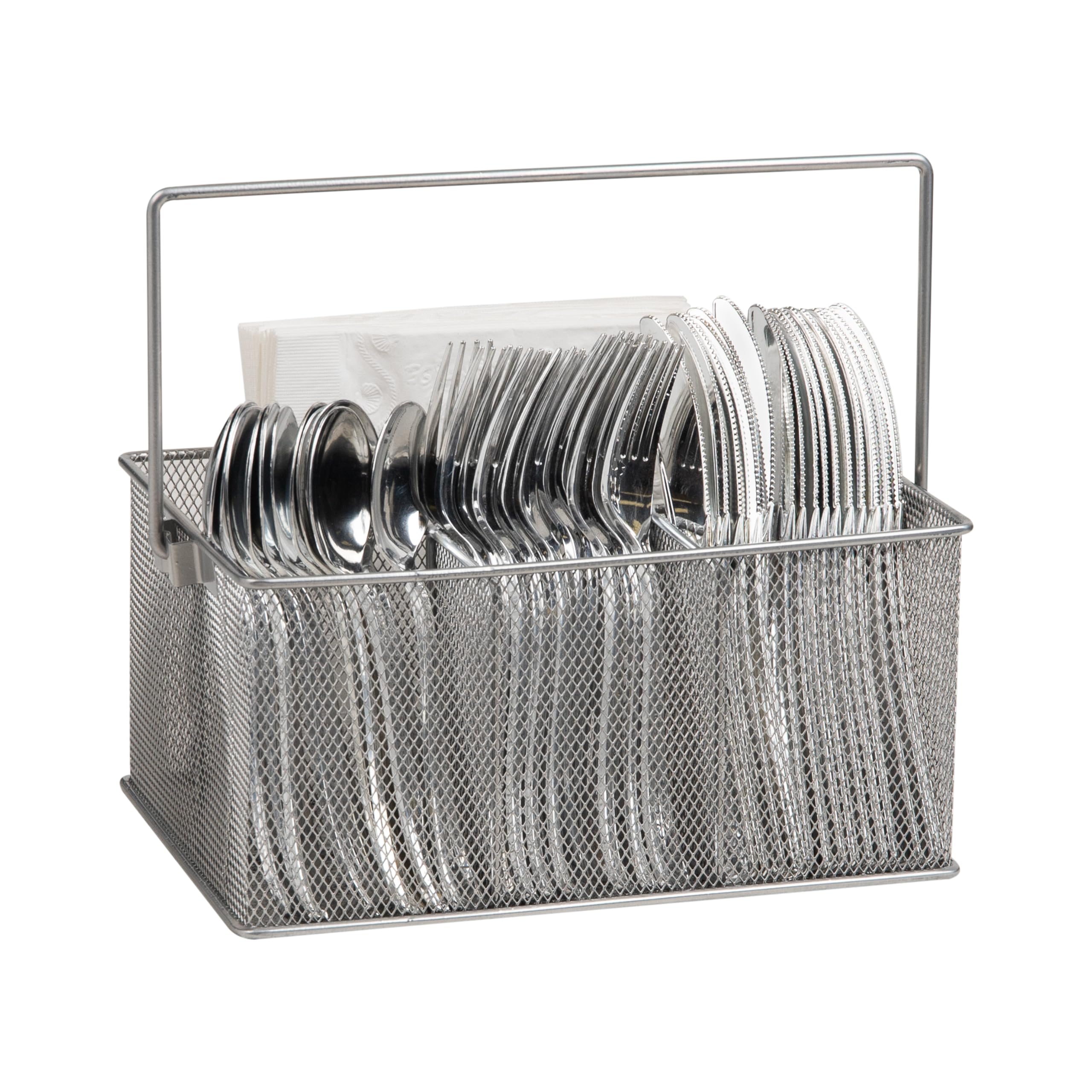 MESHBASKET-SIL Storage Basket Organizer, Utensil Holder, Forks, Spoons, Knives, Napkins, Perfect for Desk Supplies, Pencil, Pens, Silver