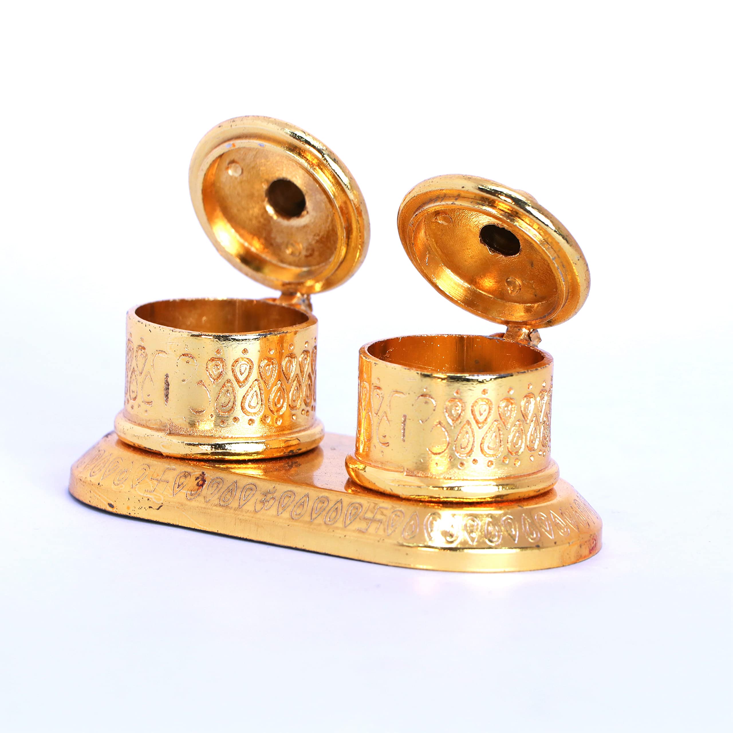 Prince Home Decor & Gifts Metal Golden Finish Chandan Roli Box Double Kumkum Dani Pooja Purpose - Image 2 thumbnail