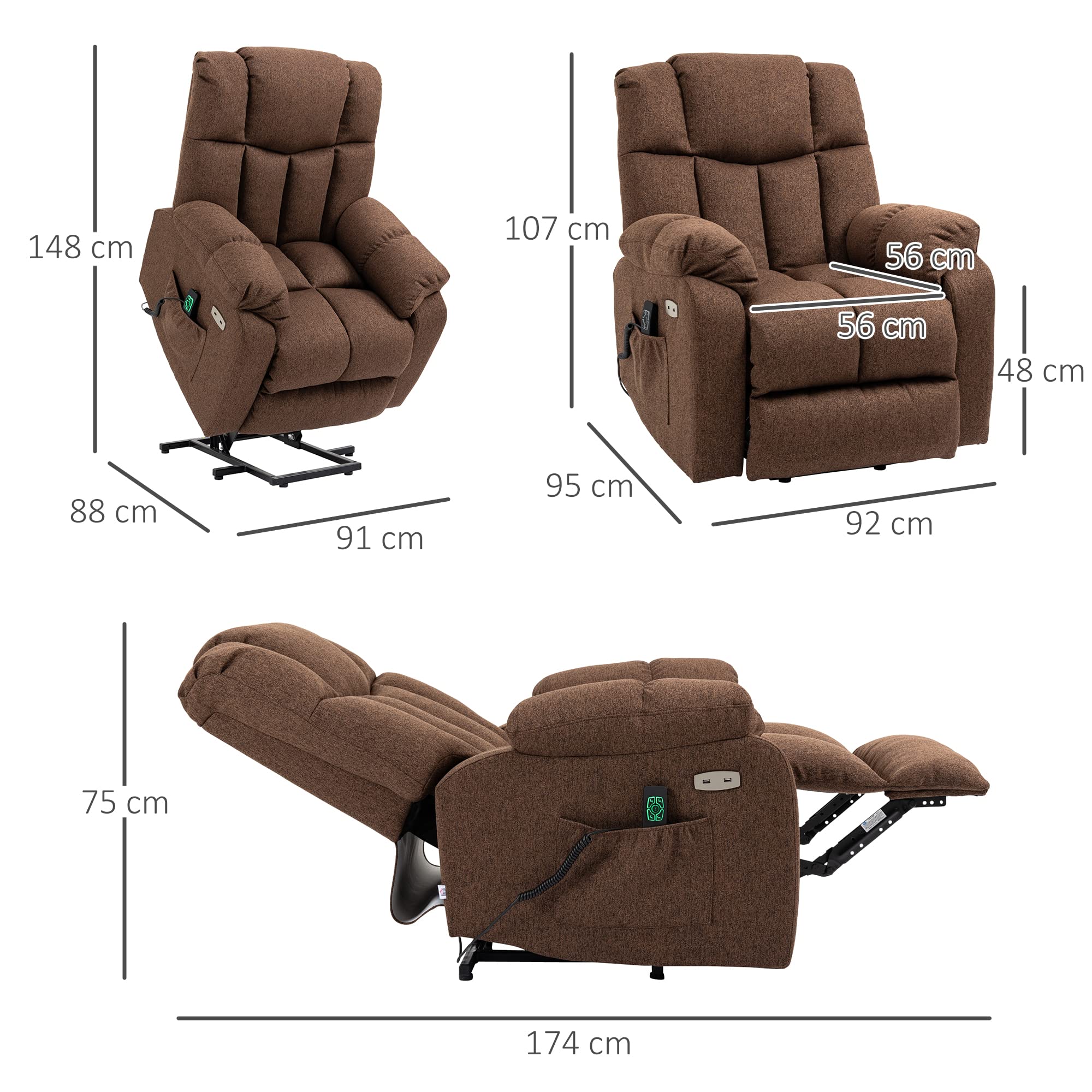 HOMCOM Fernsehsessel mit Aufstehhilfe Elektrisch Verstellbar, Relaxsessel mit Liegefunktion, TV-Sessel mit Fernbedienung, 2 Seitentaschen und Fußteil, USB-Anschluss Braun