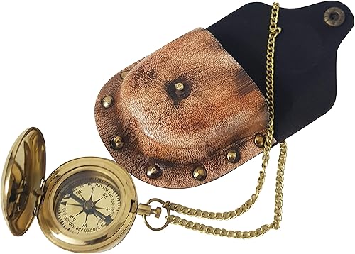 Miniatura 3 de Brújula Delvy de latón auténtico con cadena y funda de piel para navegación, brújula de bolsillo