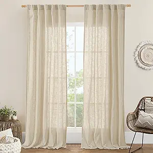 LAMIT Light Filtering Linen Curtains 84 inches Long for Bedroom, Linen Textured Semi Sheer Back Tab and Rod Pocket Natural Boho Drapes for Living Room/Farmhouse, 2 Panels, Linen, 42 x 84 Inch