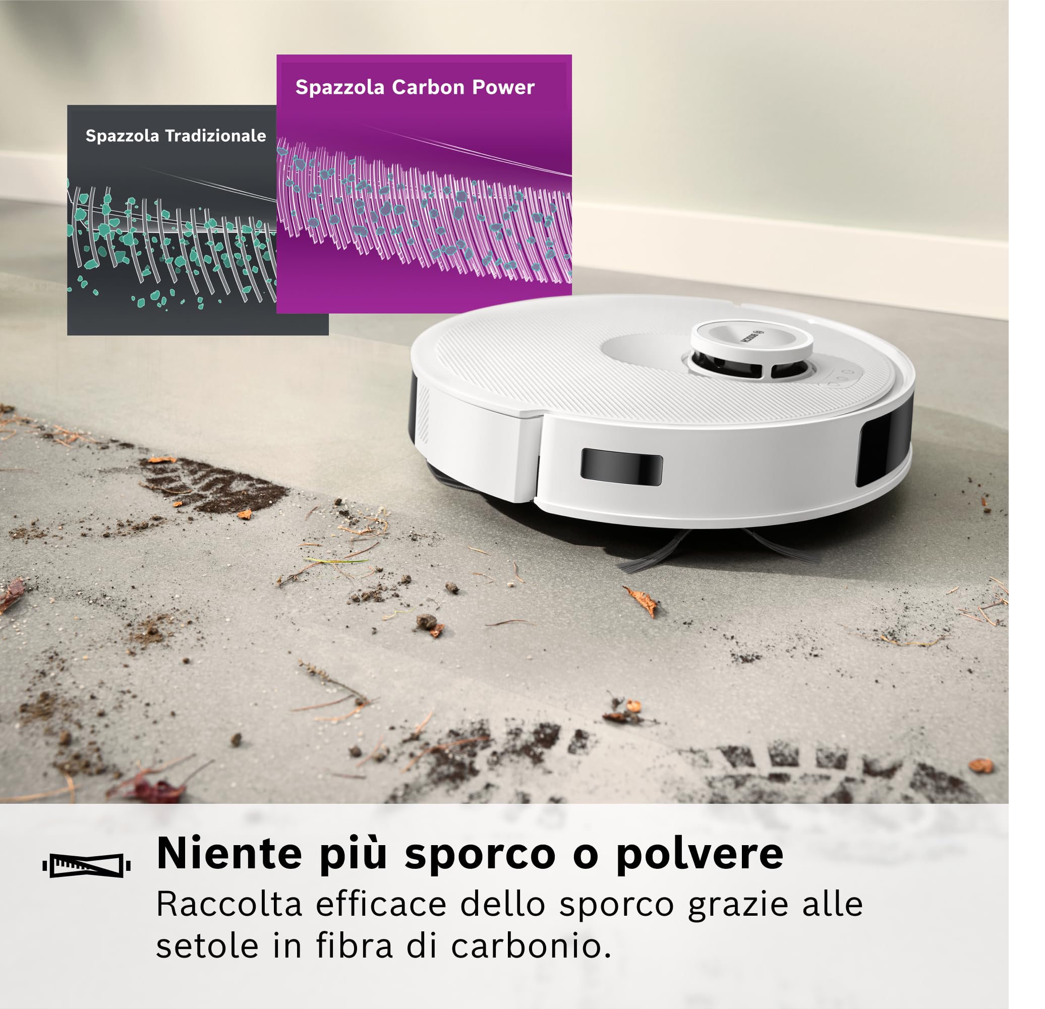 Bosch Spotless+Robot Aspirapolvere e Lavapavimenti,Potenza 11.000Pa,Panno Lavapavimenti Statico,Stazione di ricarica con autosvuotamento,Navigazione Infrarossi Smart Vision,AppBosch HomeConnect,Bianco