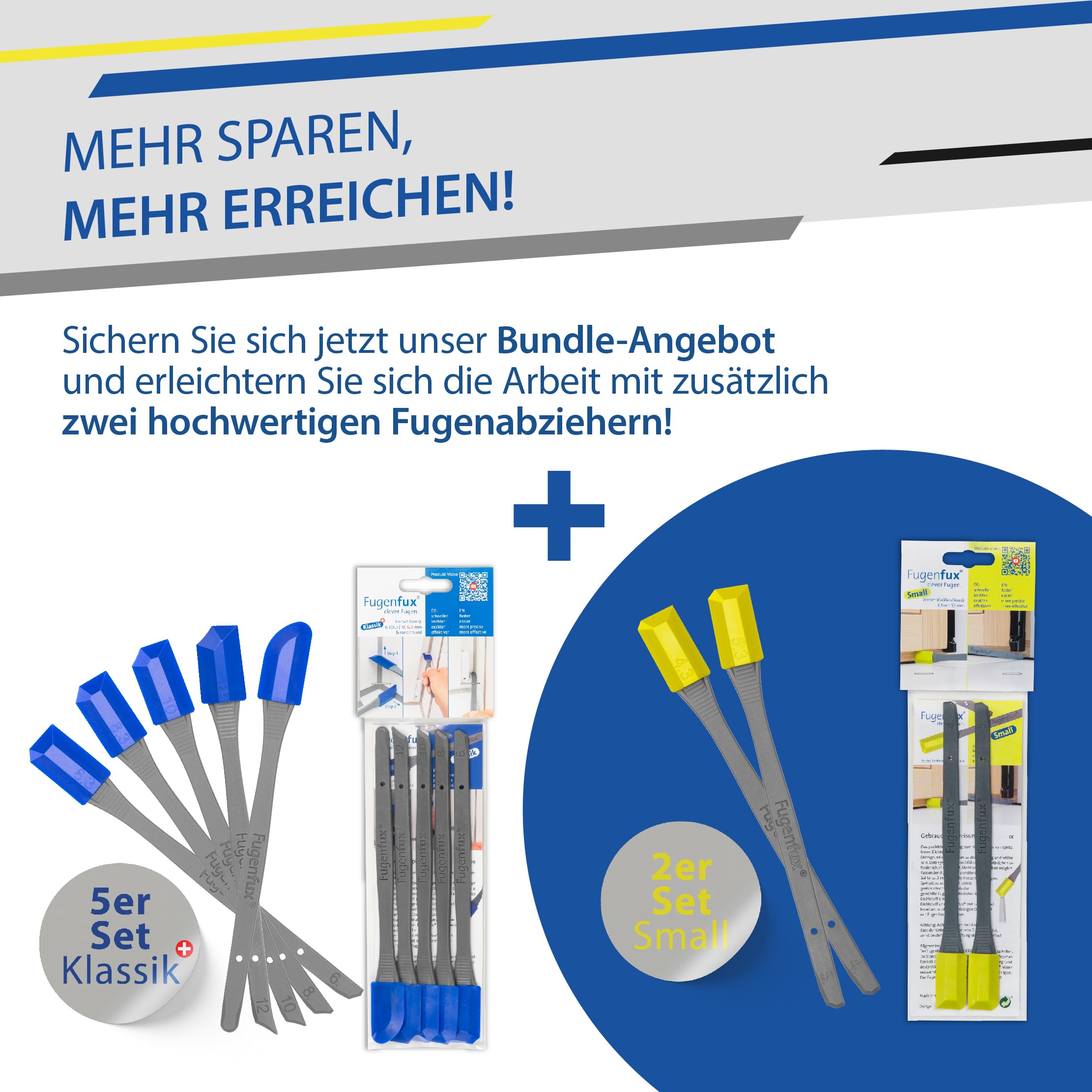 FUGENFUX® Professional-Set: Klassik 5er + Small – Spezial-Fugenabzieher – Fugenglätter für jede Größe – Fugenabzieher mit Revolutionärer Zauber-Spitze für Extrem Enge Stelle – Made in Germany