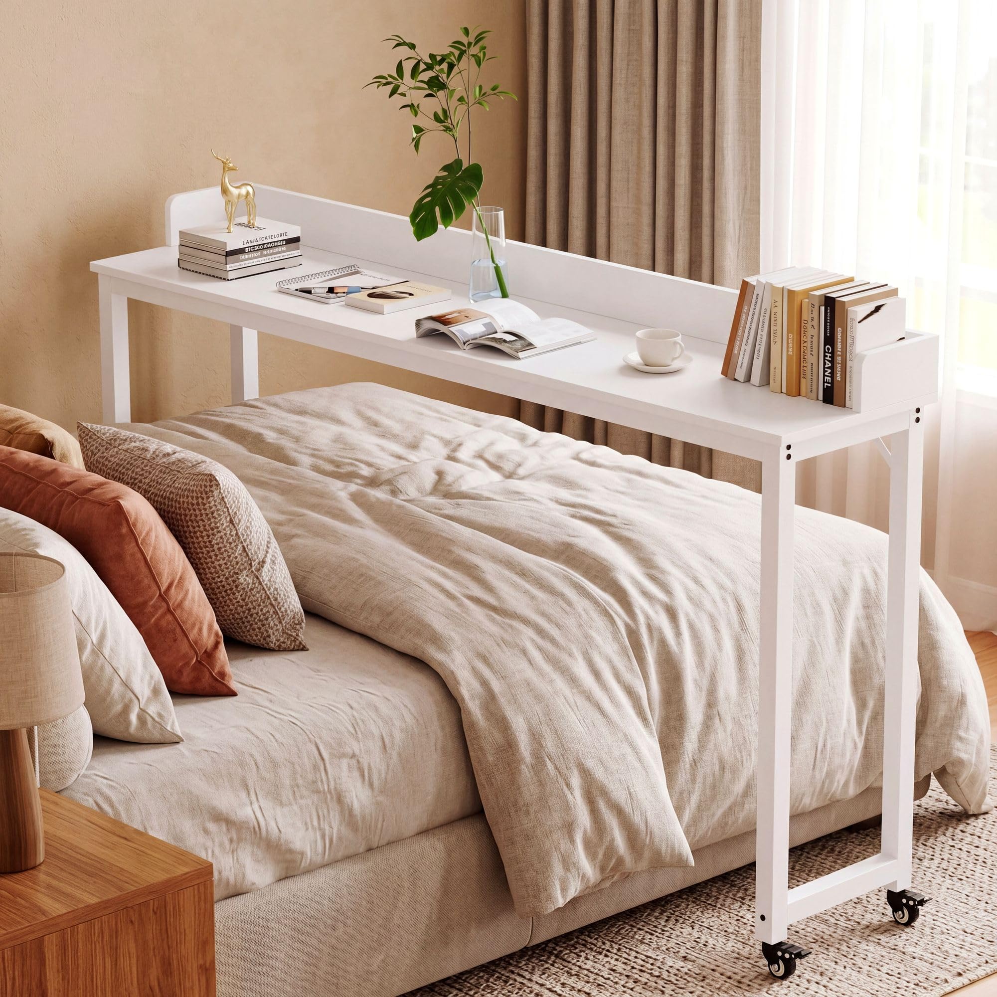 Clevich Overbed Table with Wheels, Queen Full Size Mobile Computer Desk, Standing Laptop Cart, Over Bed Table with Heavy Duty Metal Leg, for Bedroom