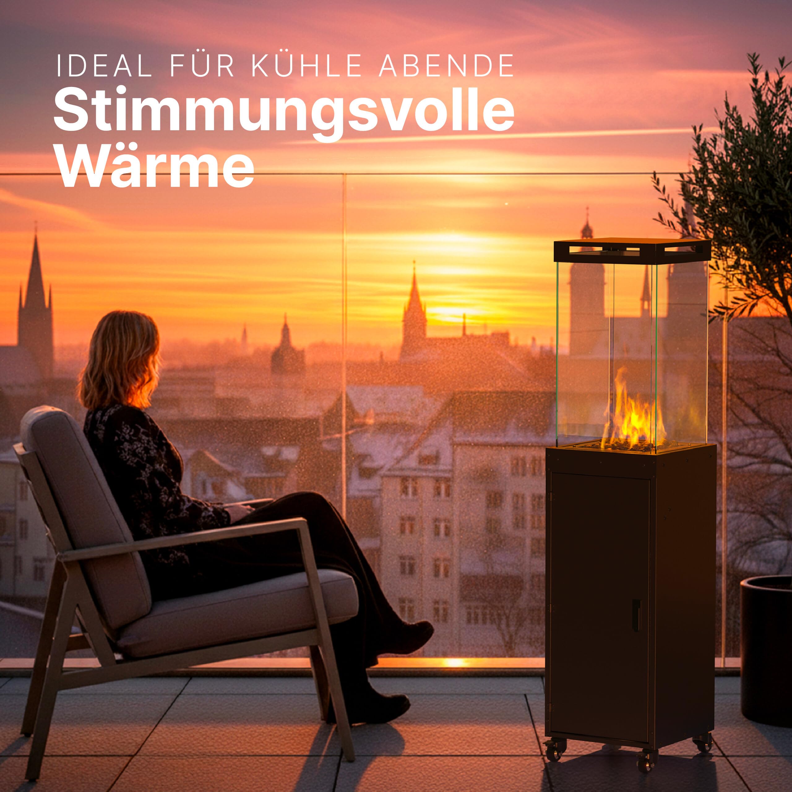 Gartenzeit Chauffage de terrasse à gaz avec cylindre en verre - Dimensions : 36 × 36 × 140,5 cm - 8 kW - Chauffage à gaz pour terrasse et jardin - Parasol chauffant avec protection anti-basculement et
