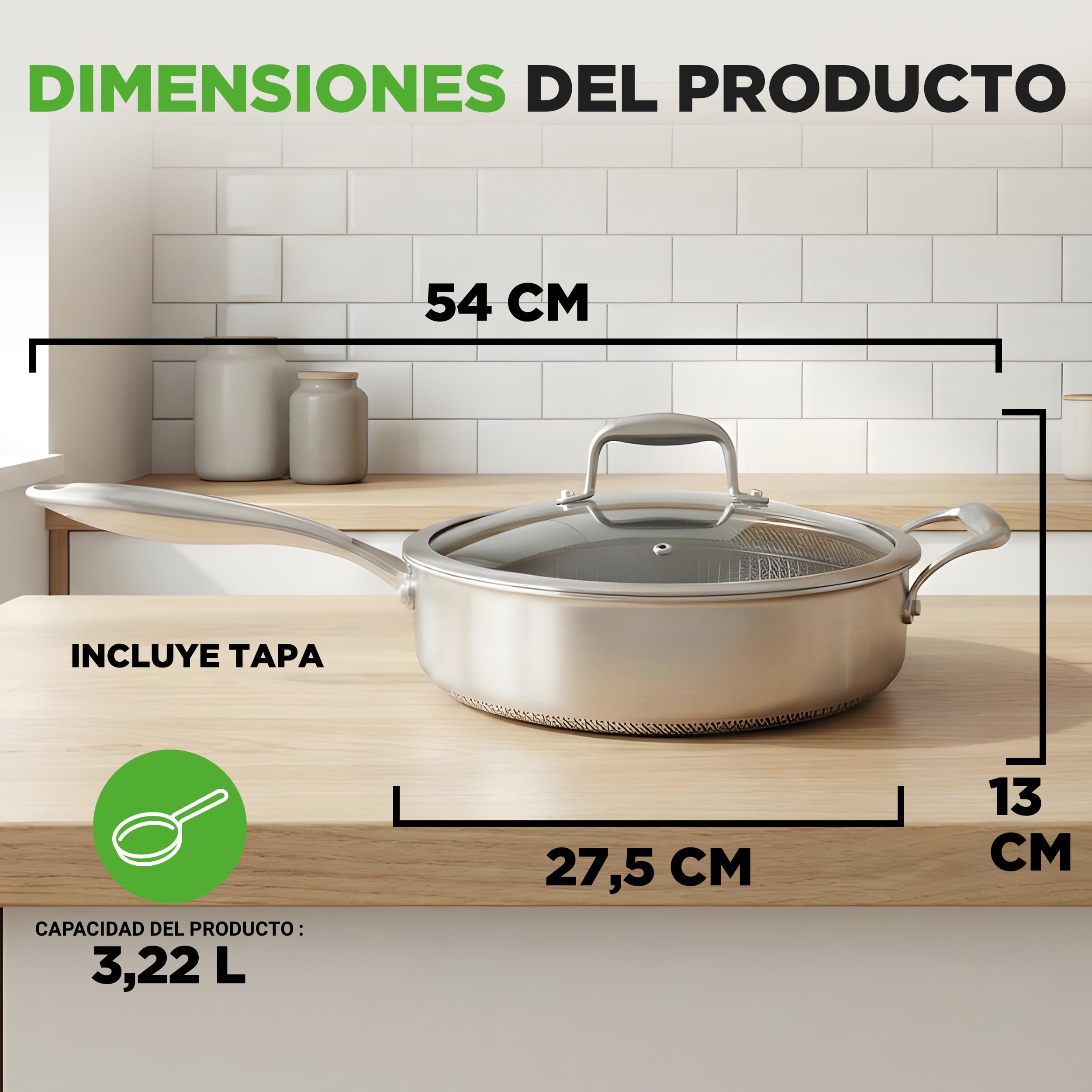Nutrichef cazuela profunda de 3.2L, Con tapa, Acero inoxidable, Para saltear, Textura tipo panal resistente a rayones, Apta para horno e induccion, Antiadherente