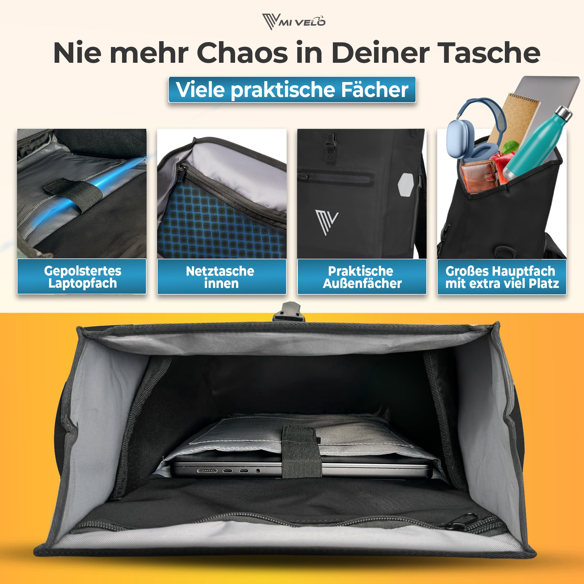MIVELO 3in1 Fahrradtasche für Gepäckträger - Fahrrad Tasche Rucksack mit gepolstertem Laptopfach - Gepäckträgertasche hinten 100% wasserdicht mit Reflektoren (Schwarz, 20 Liter)