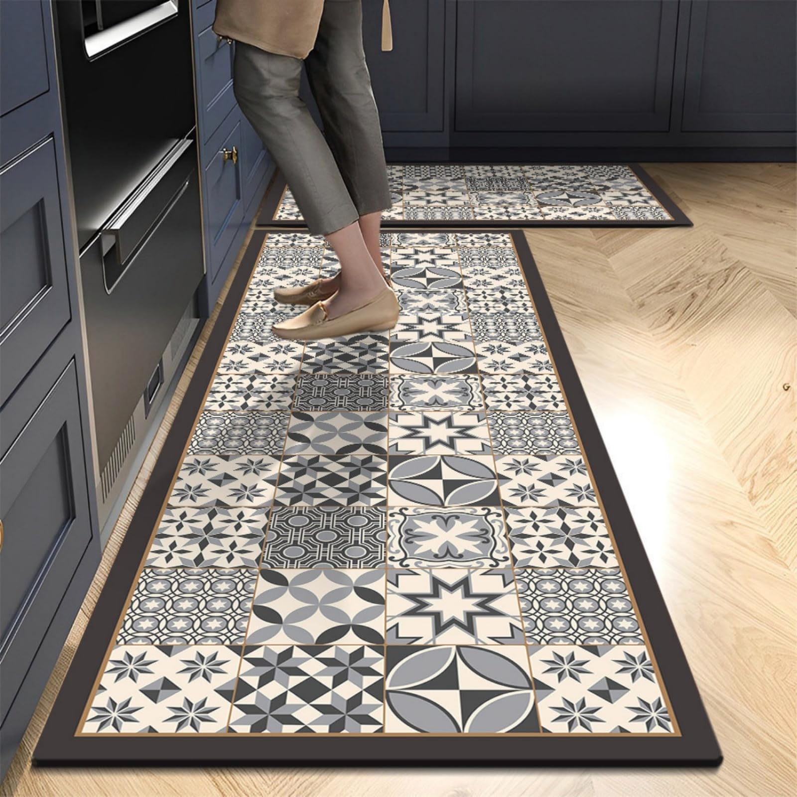 Tapis Cuisine 50X80Cm+50X160Cm Géométrie Grise Tapis De Cuisine Anti-Fatigue Au Design Moderne,Antidérapant Et Lavable,pour L'Intérieur,pour Couloir Et Le Salon