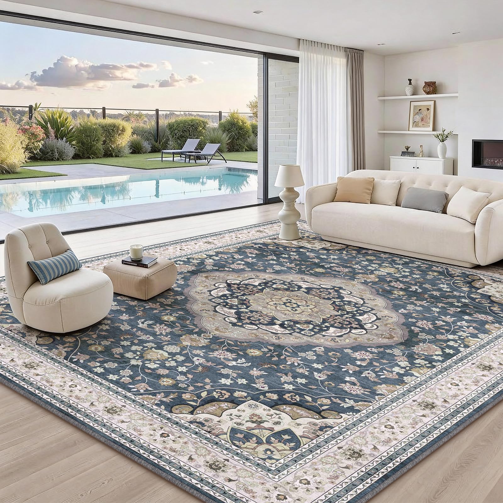 FVVRAX Vintage Large Rugs Living Room 160x230cm, Dark Blue Rugs for Bedroom â image 1