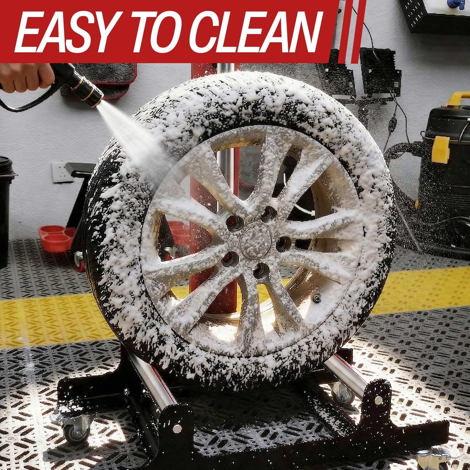 Felgenständer mit Laufrollen, 4 Universalrollen & 3-Rollen-Design & Höhenverstellung Reifenständer aus Stahl - Detailing Wheel Cleaning Ständer für Reinigung Polieren und Wartung von Rädern
