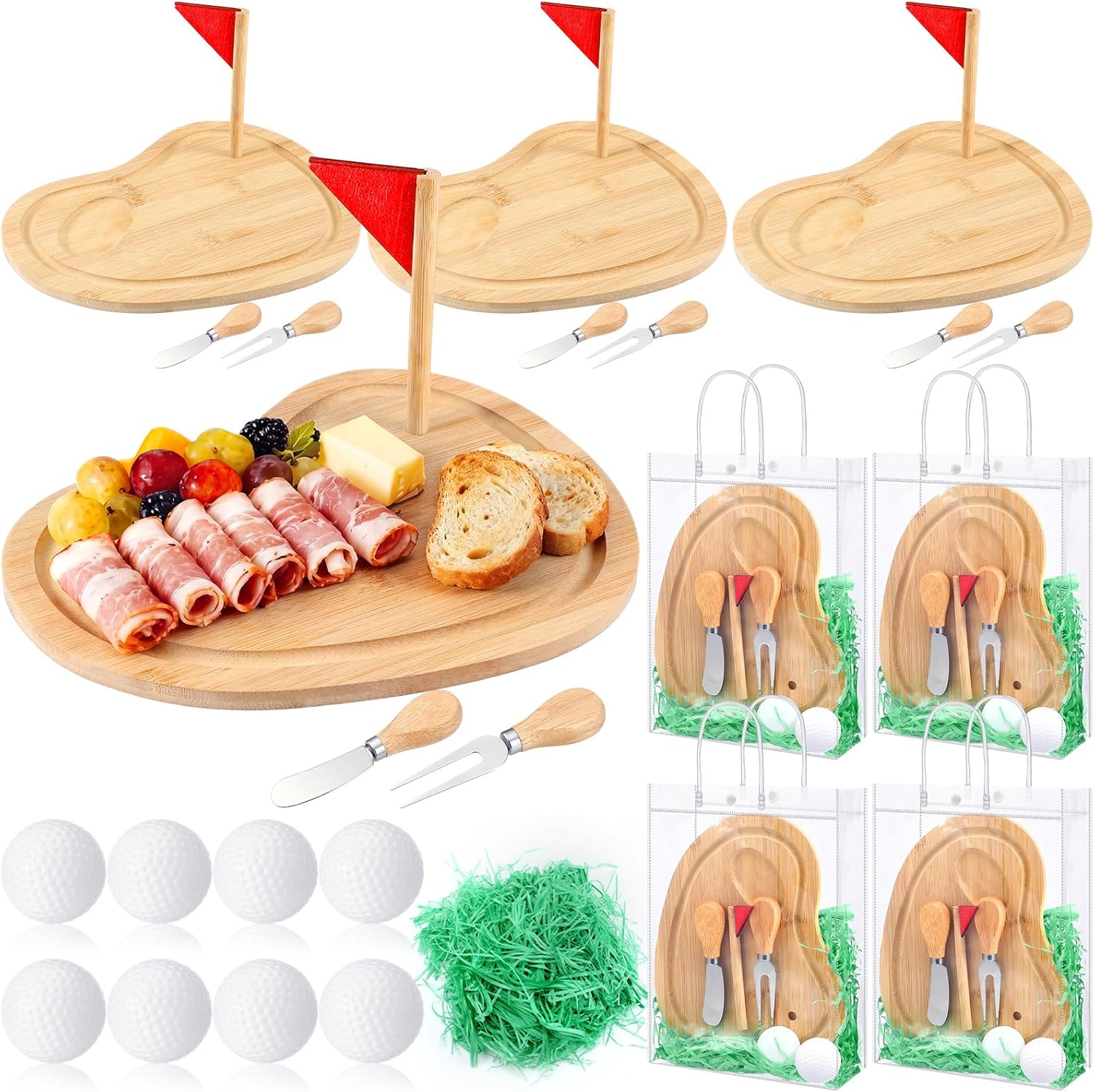 4 Sets 25 Pcs Golf Cheese Board Gifts Set Golf Tournament Prizes Charcuterie Wood Board 9.8" x 7.7" with Knives for Golfer Gifts Birthday Party Supplies Tournament Prizes