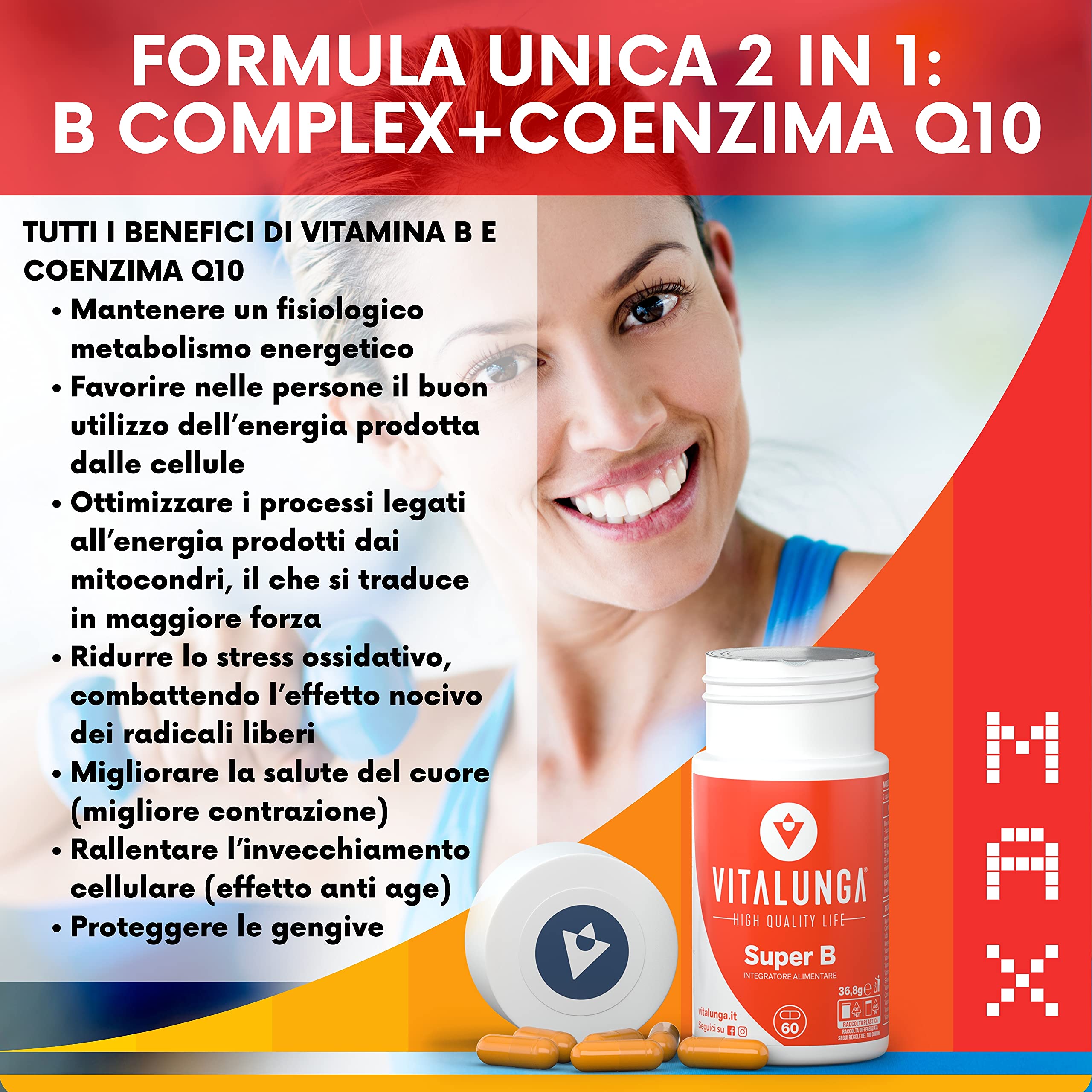 Vitamina B Complex + Coenzima Q10 - Altissimo Dosaggio di Vitamina B12, B1, B2, B3, B5, B6, B7, B8, B9, Q10 e Minerali 60 Capsule 100% Vegan Vitalunga