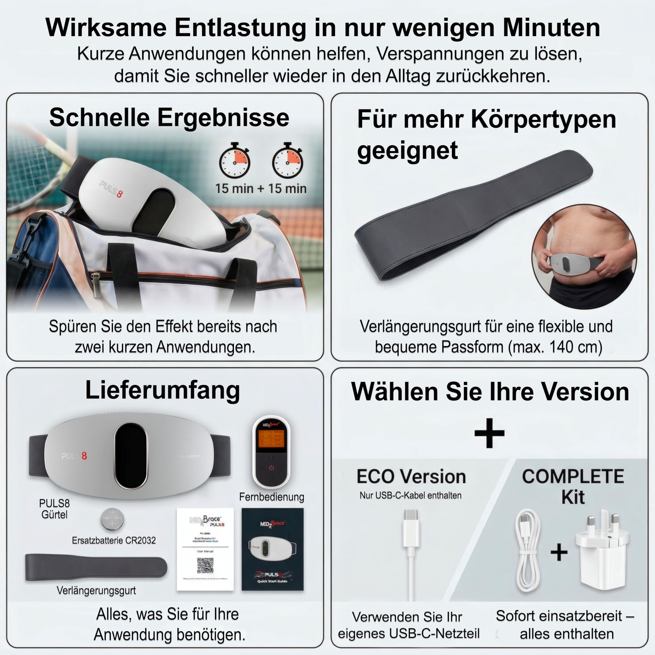 MEDiBrace PULS8 Lenden- & Bauch-Pulsmassage-Gürtel für den unteren Rücken mit Wärmefunktion, USB-C-wiederaufladbar, kabellos, Rotlicht (LED)