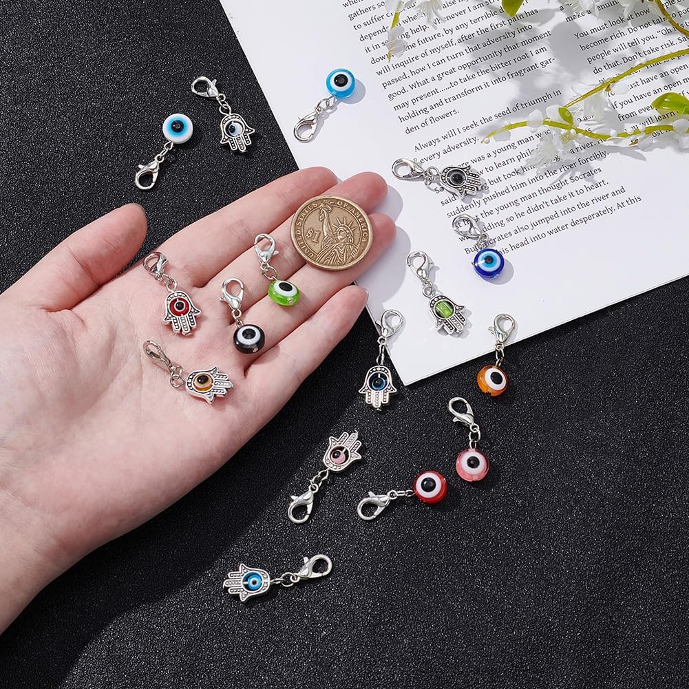PLIGREAT 16 Pcs Evil Eye Pet Collar Pendants, Alloy Hamsa Hand Charms Evil Eye Beads Zipper Pull Charm with Lobster Clasp for Cat Dog Necklace Keychain Decoration DIY Jewelry Making - Image 4