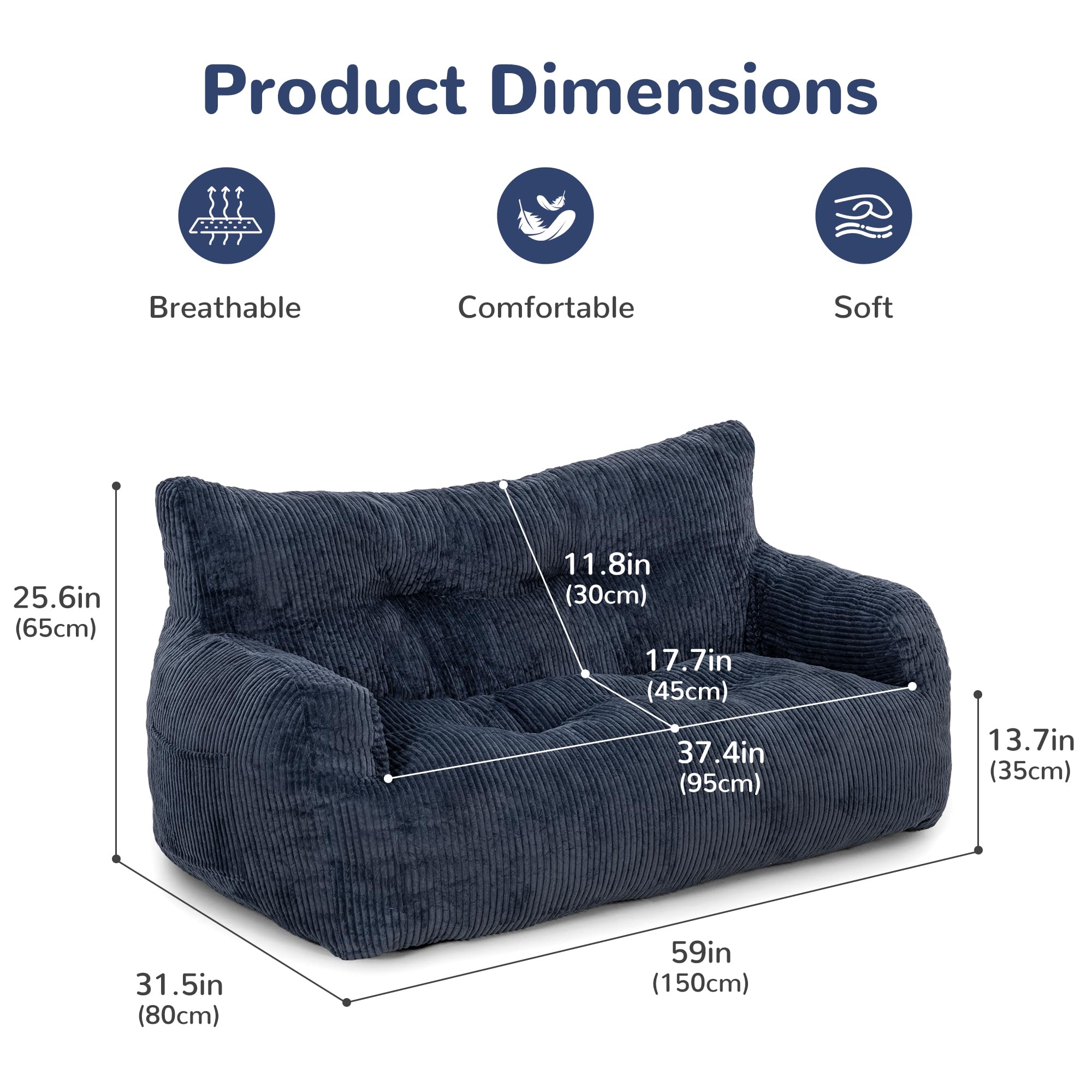 Pamapic Pouf pour Adulte avec Rembourrage, Double Fauteuil de Salon avec poignée Portable, Ergonomique, Moderne, pour Salon, Chambre à Coucher, Salle de Jeux, Bleu