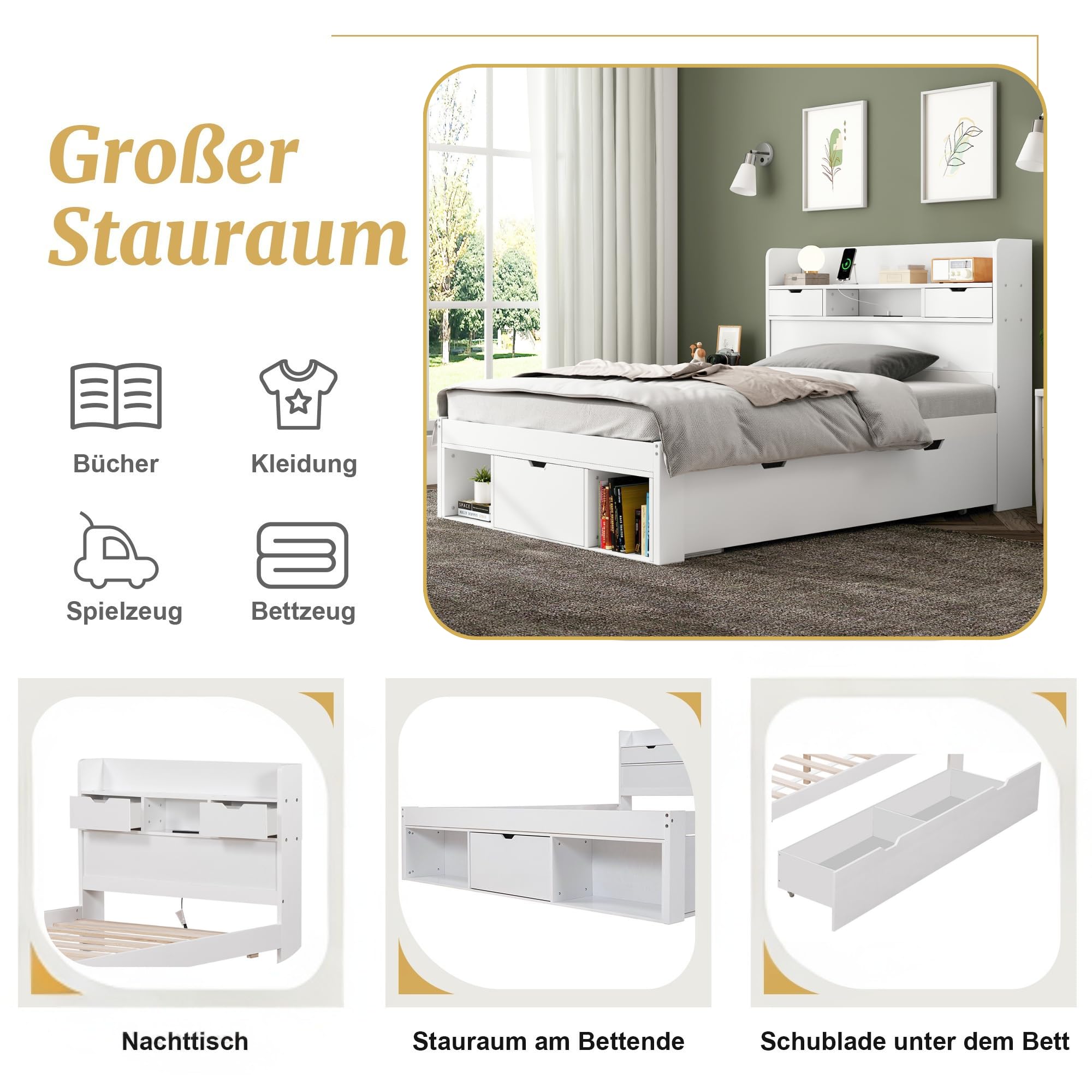 Holzbett Einzelbett 90x200cm mit Schubladen, USB & Stauraum Kopfteil, Massivholz Bettgestell mit Lattenrost, Stauraumbetten, Jugendbett, Kinderbett, ohne Matratze (weiß, 90x200)