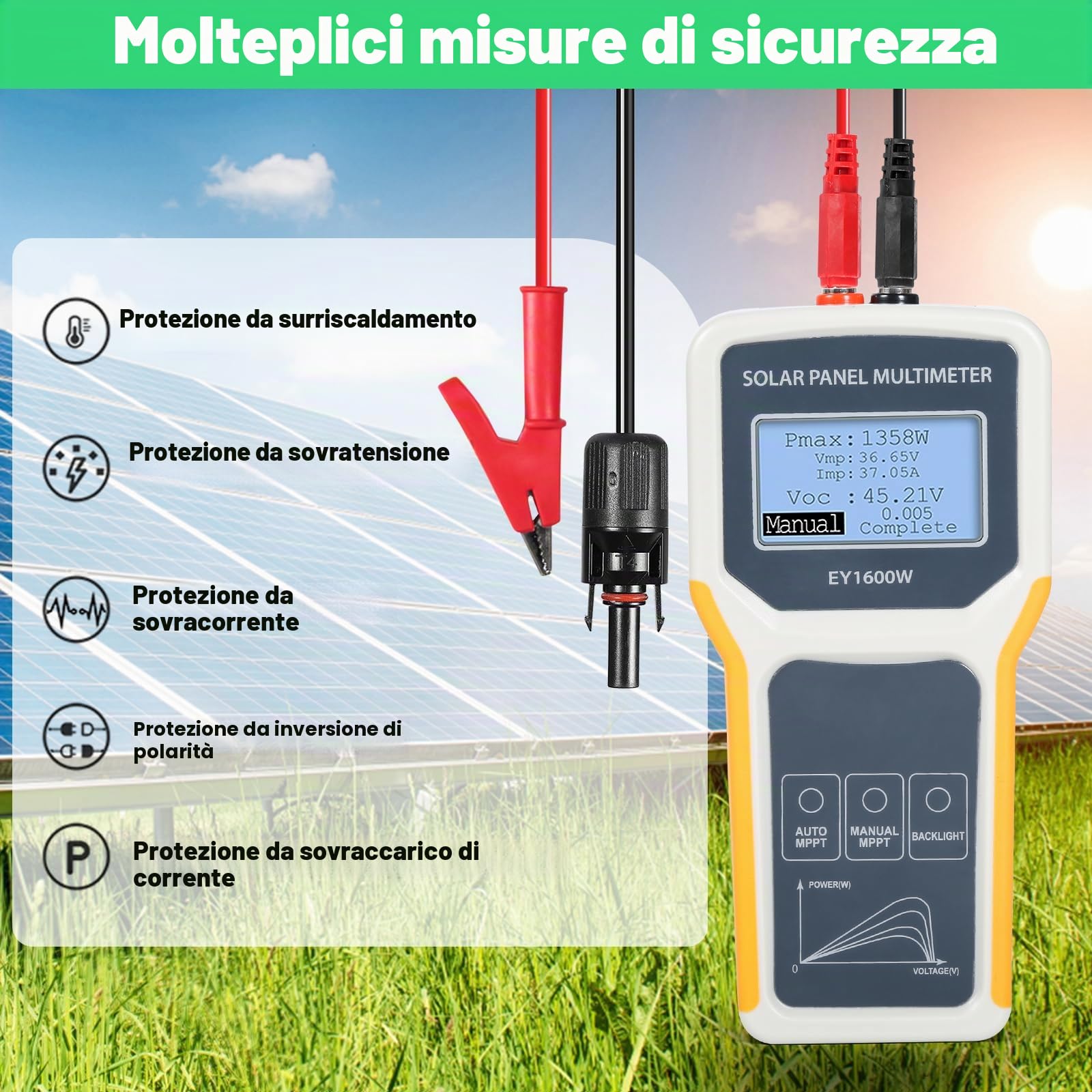 BuyWeek 1600 W Pannello solare MPPT Tester, multimetro digitale a pannello fotovoltaico con display LCD da sfondo, non richiede alimentazione Tester di tensione di circuito per pannello solare PV
