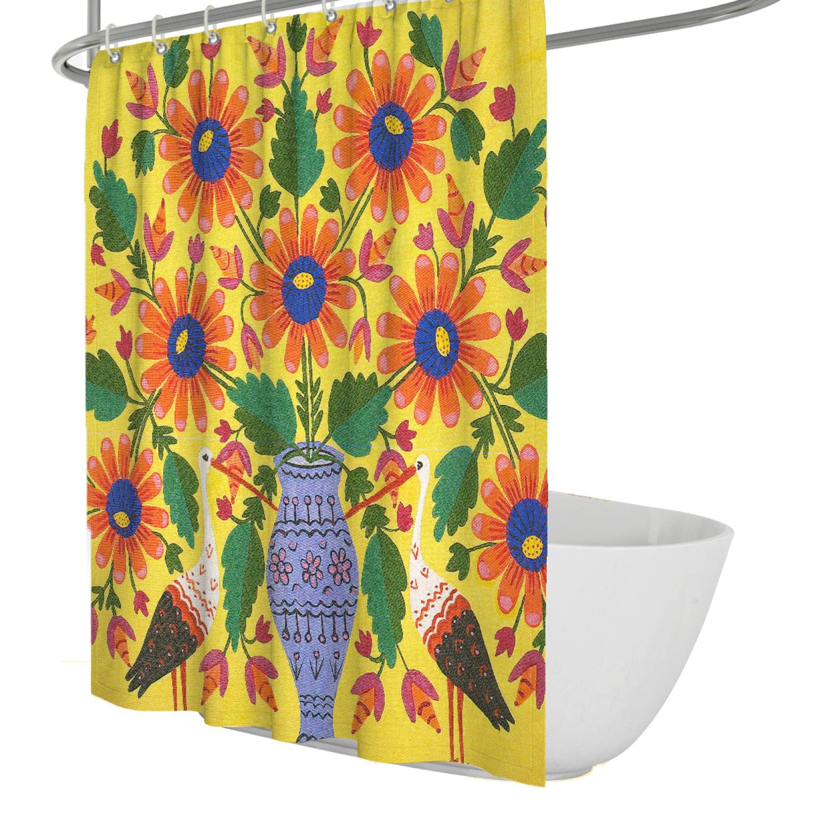 Stoff-Duschvorhang Vogel- und Blumenmuster-Druck-Duschvorhänge Vintage-Blumen-Badezimmer-Dekor wasserdichte Vorhanghaken 200Wx200Lcm Duschvorhang