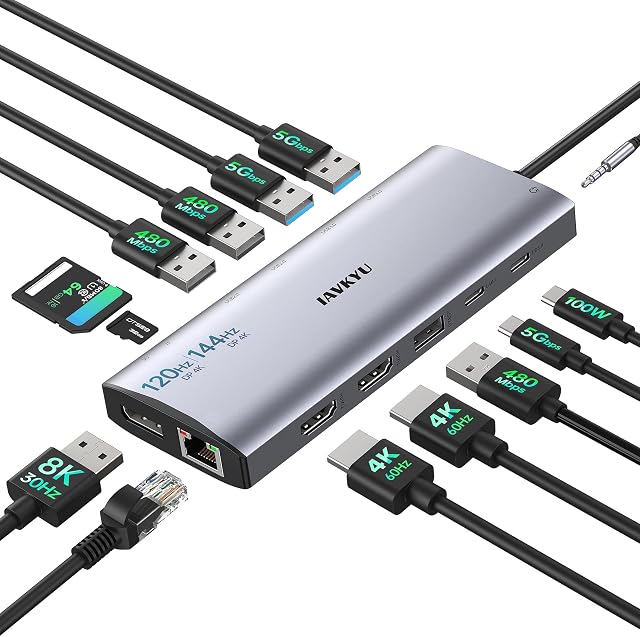 Triple 4K USB-C Station d'amarrage, simple DisplayPort Jusqu'à 8K@30Hz/ 4K@144Hz / 4k@120Hz, 14-in-1 USB C Hub avec 7 USB Ports, 100W PD, HDMI, Ethernet, Audio - Compatible avec Windows USB-C Ordinateurs portables
