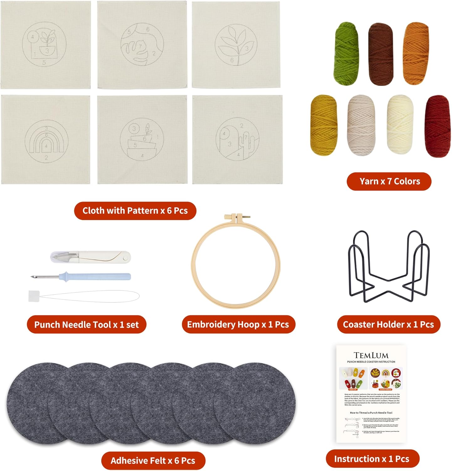 temlum punch needle coasters kit, punch needle embroidery kit for beginners and adults including patterns, tools, yarns, hoop, instruction, coaster holder coaster art craft supplies (plants)