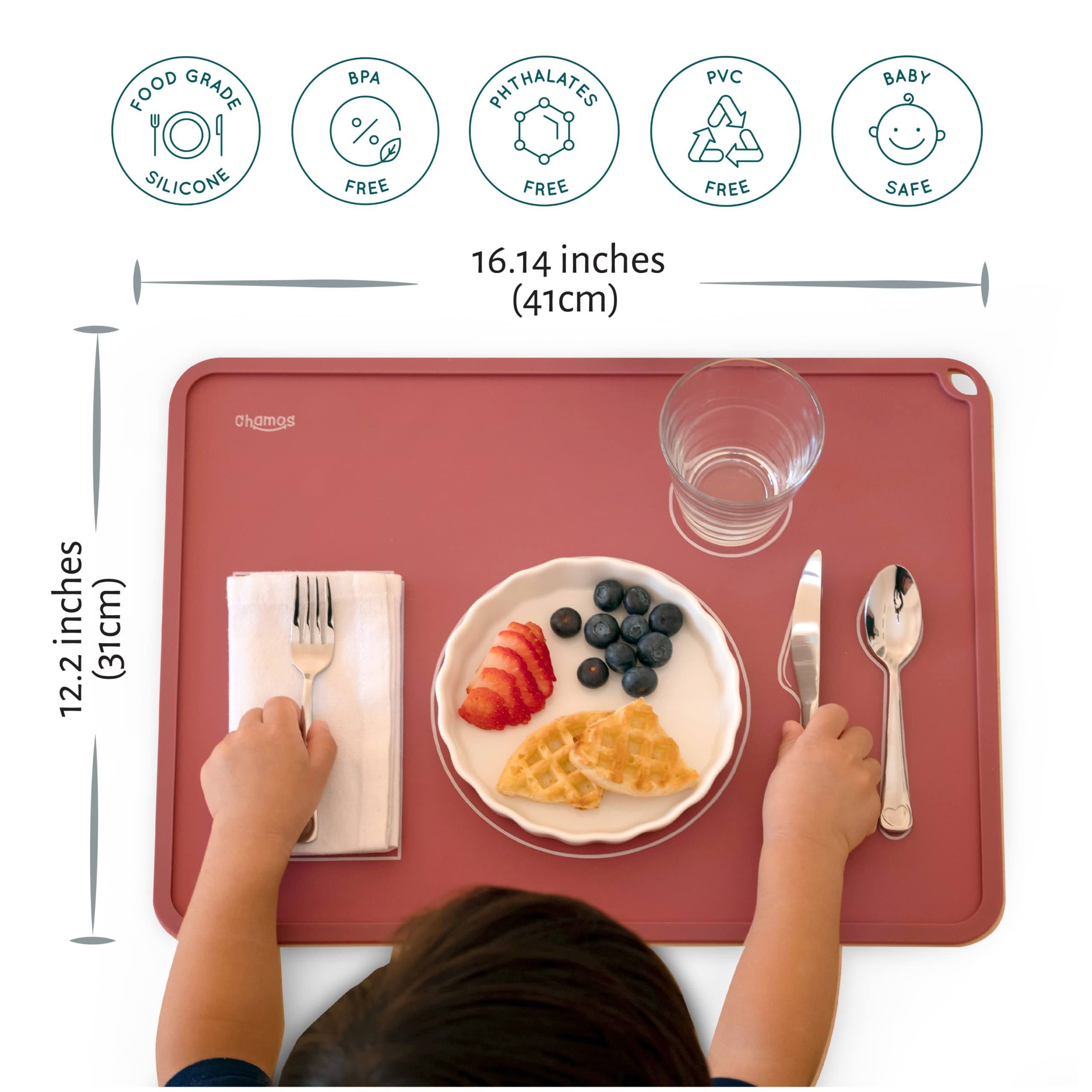 CHAMOS Montessori Placemat for Toddlers - Kids Silicone Mats for Dining Table - Set of 2 - Table Setting Learning (Rose and Grey)