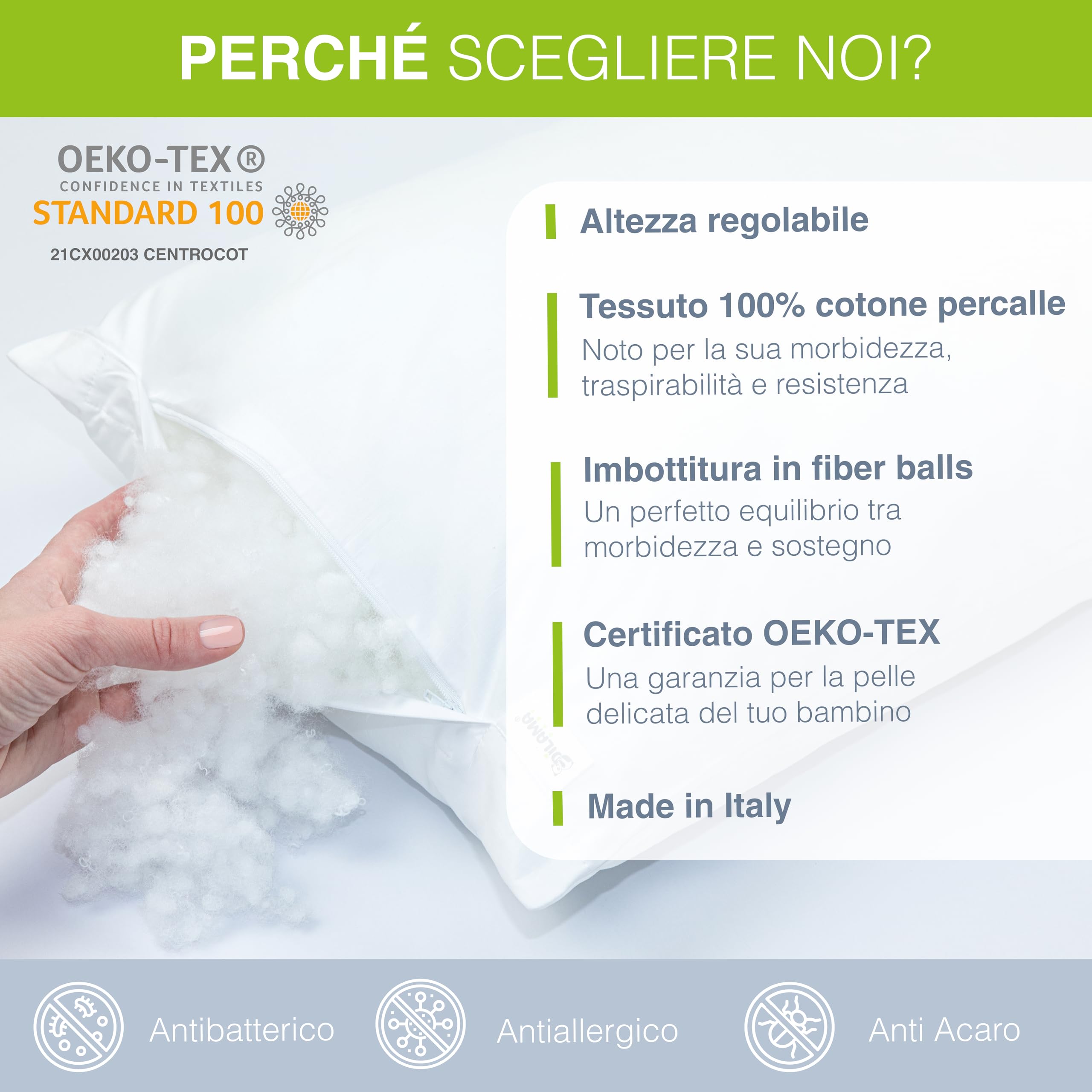Dilamababy Cuscino Lettino Bambino 40x60 Regolabile in Altezza Anallergico Antiacaro Lavabile Federa Cotone Percalle Oeko Tex
