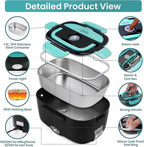 Miniatura 5 de Fiambrera eléctrica de 80 W para adultos  Fiambrera térmica y calentador de alimentos portátil con recipiente de acero inoxidable de 1.5 L
