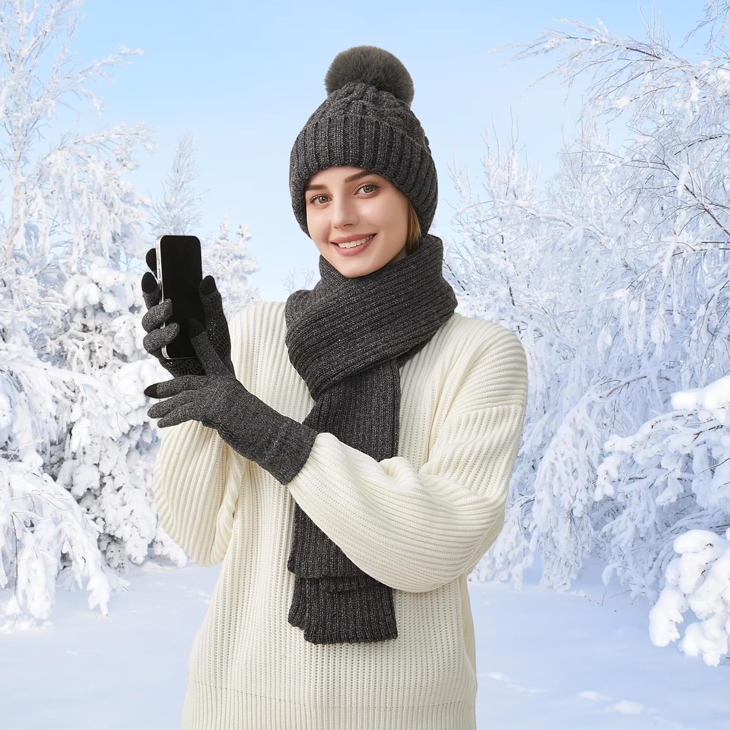 Women Winter Beanie Hat Circle Scarf Set Pompoms Peruvian Ski Snow Ear Flaps Cold Weather Warm Sherpa Knit Hats Fleece Lined - Image 7