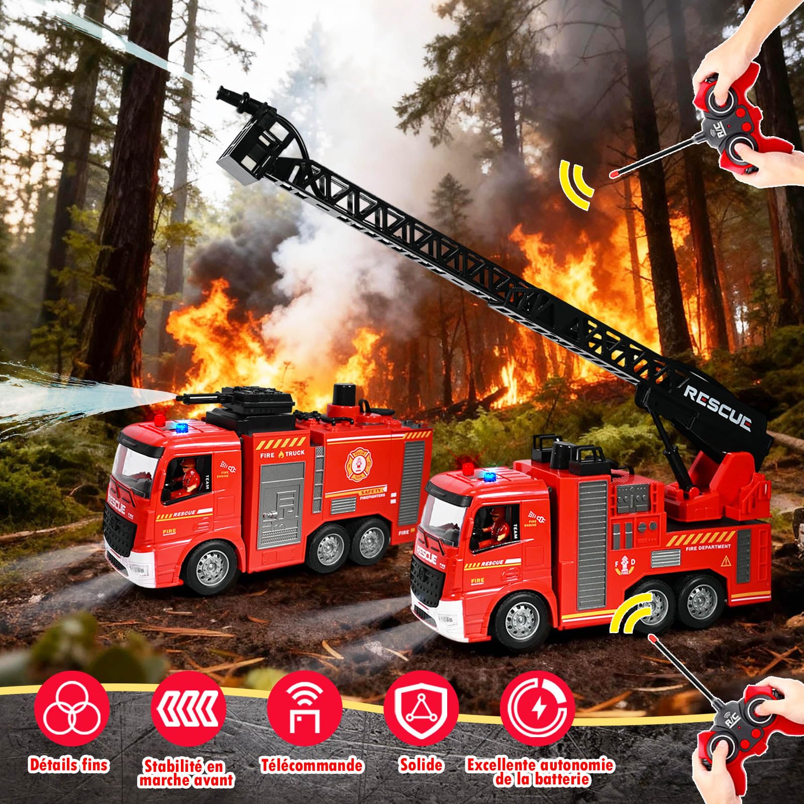 2 Camion Pompier Enfant, Voiture Pompiers Telecommandé avec Pulvérisation d'eau Lumière, Échelle Pivotante, Son Fonction et Pompiers, 2,4GHz Camion Pompier Enfant de 6-12 Ans