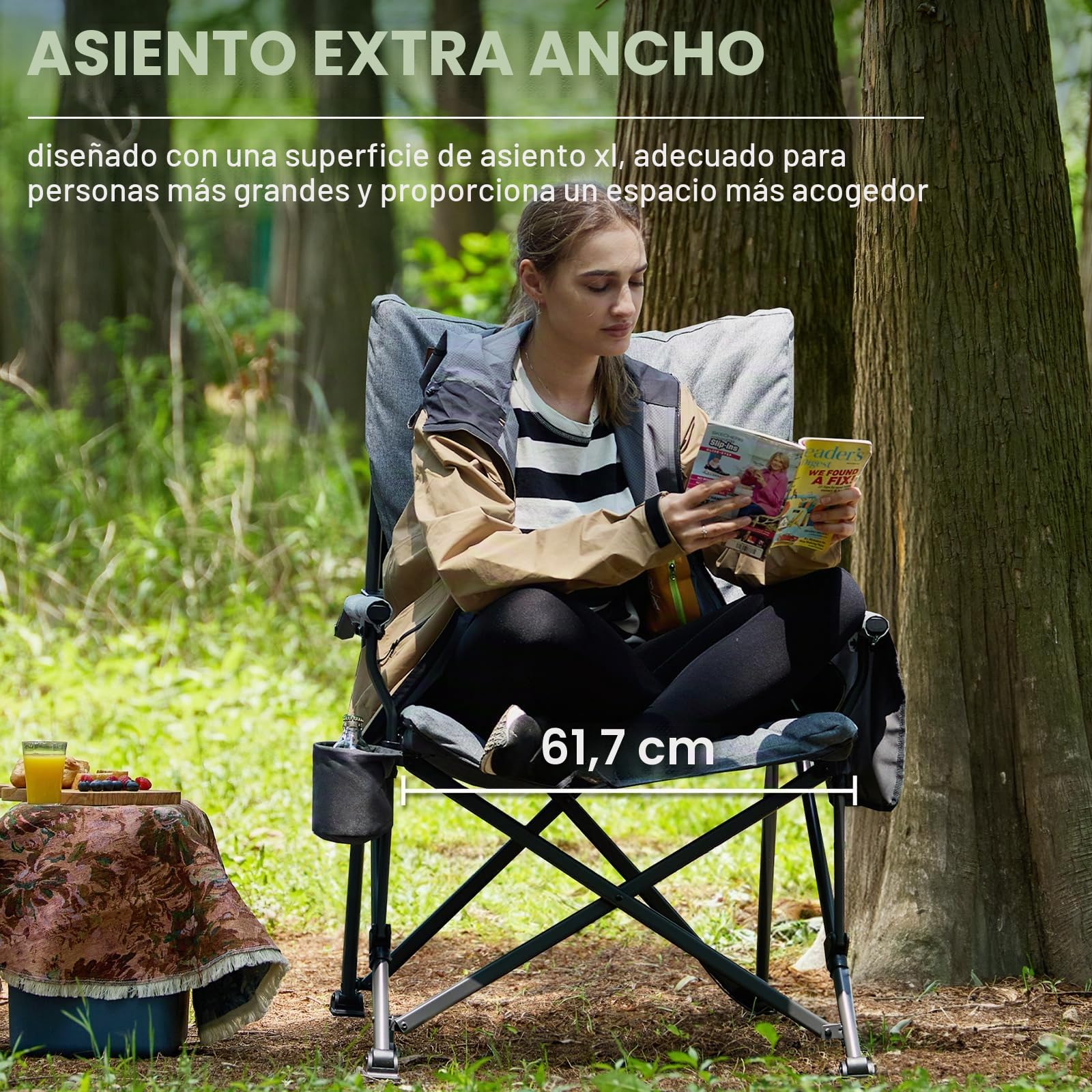 EVER ADVANCED Silla de Camping para Adultos de Gran tamaño, Resistente y Extra Ancha con reposabrazos Duro, 230 kg, Silla Plegable Acolchada de 6 cm, Bolsillo Lateral