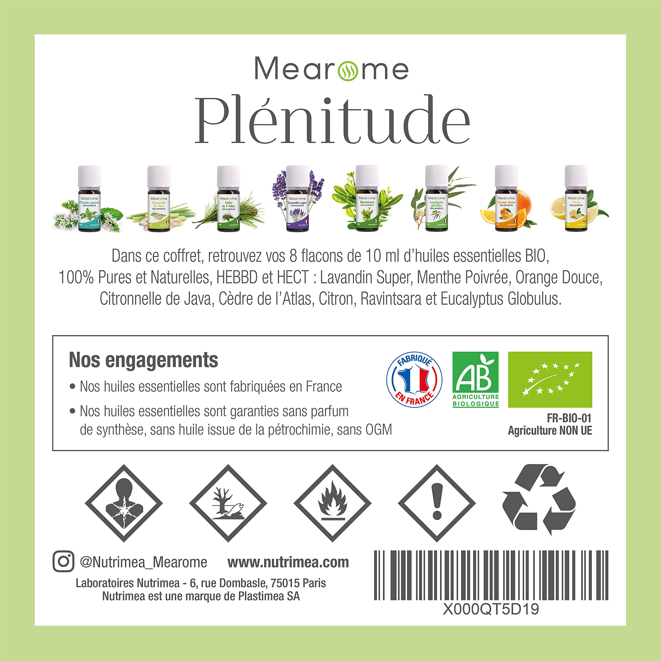 Coffret 8 x 10 ml Huiles Essentielles BIO distillées en FRANCE + Guide d'Aromathérapie PDF | HEBBD, HECT | Kit pour Cuisine, Diffuseur | Bienfaits Respiratoires, Encombrement, Digestion | Mearome