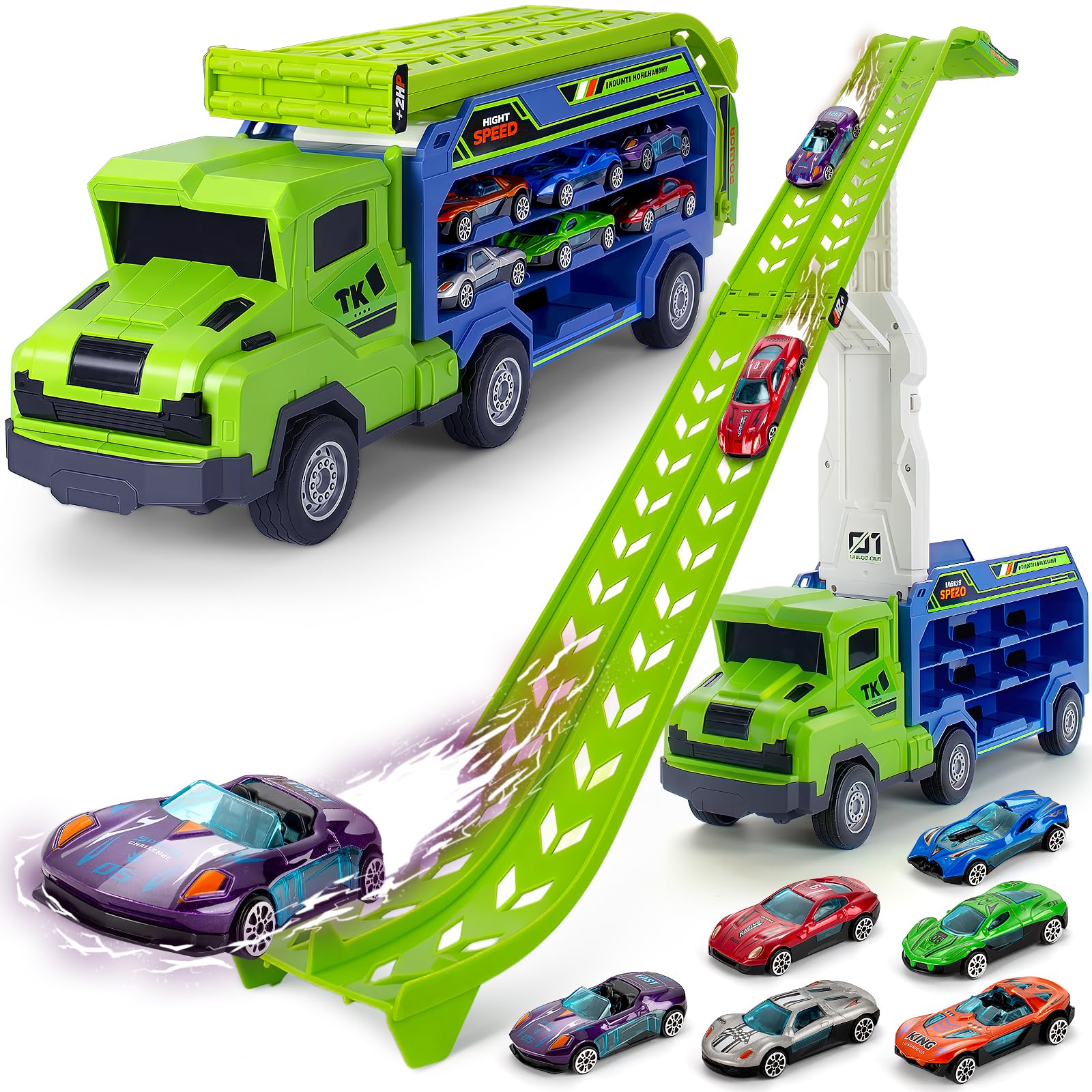 Kids Toys for 3 4 5 6 7 8 Years Old Boys, Carrier Truck Transport Car Toys, Foldable 2 Layer Car Race Track Playset with 25-in Race Track, 6 Metal Toy Cars, Birthday Toy Gift for Toddler Boys Girls