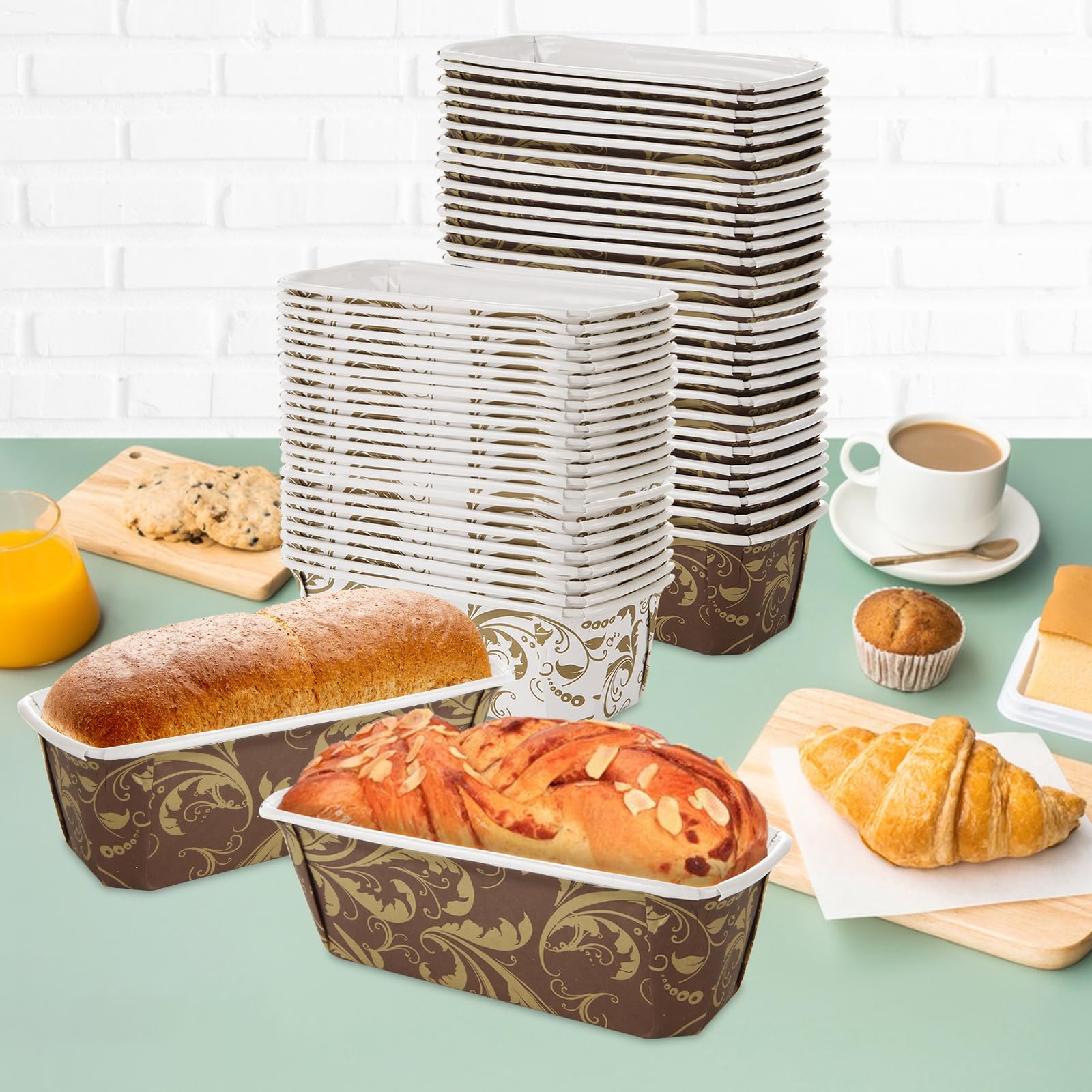 WOPPLXY 100 Stück Papier-Kastenformen, 19 x 8,9 x 6,1 cm, Einweg-Papier-Backformen, rechteckige Papier-Backform für Brot, Kuchen, Bäckerei, mikrowellengeeignet, gefriergeeignet (Weiß, Kaffee)