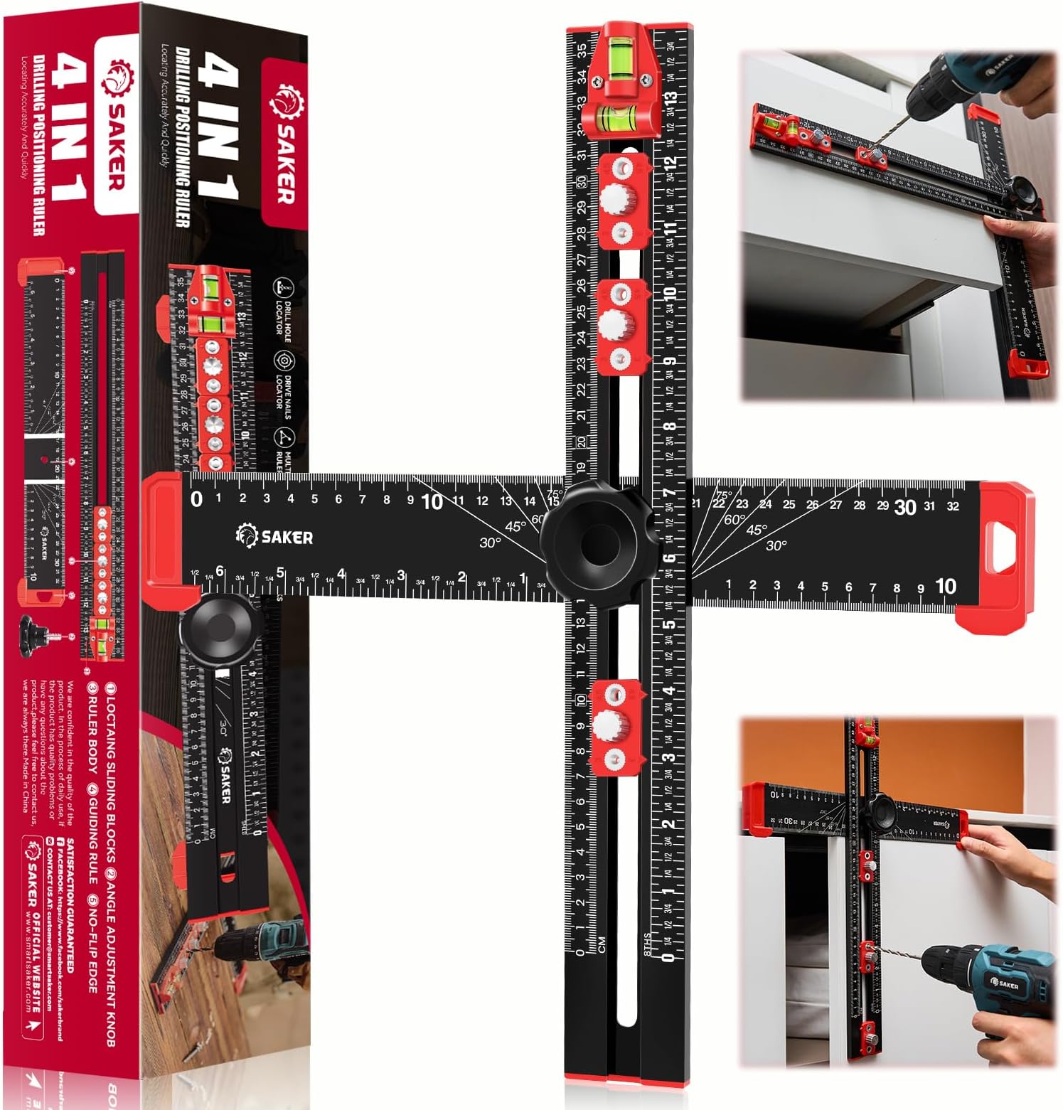 Saker 4-in-1 Drilling Positioning Ruler, Adjustable 13.78in T Square Ruler, Cabinet Hardware Jig, Marking Gauge Tools for Woodworking, Cabinet Drawer Door Hole Drilling Template
