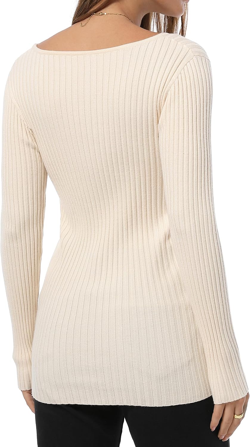 QUALFORT Women's V-Neck Ribbed Sweater Long Sleeve Slim Fitted Pullover Tops Business Casual Fall Outfits 2026 - Image 5