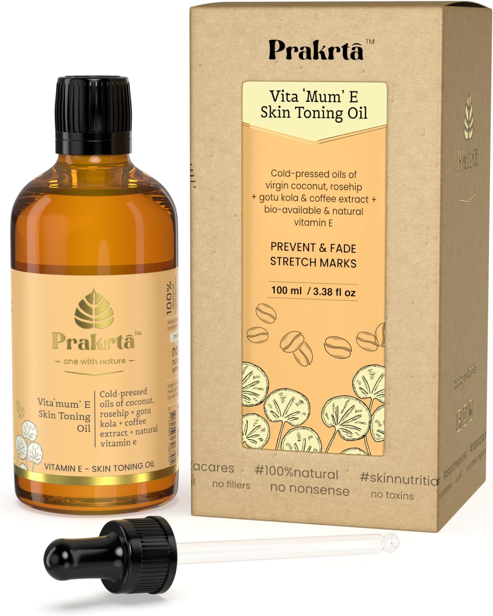 Prakrta VITA'MUM' E - Toning Oil for Moms & Moms-to-be with Vitamin E & Natural Coffee Extract | Nourishing Cold-Pressed Oils | 100% Natural |Helps prevent stretch marks| 100ml