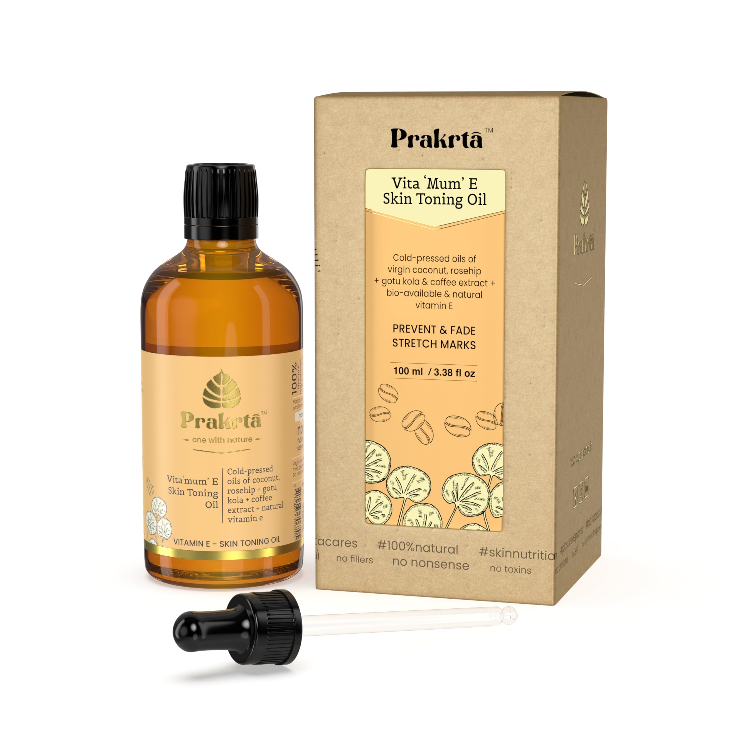 Prakrta VITA'MUM' E - Toning Oil for Moms & Moms-to-be with Vitamin E & Natural Coffee Extract | Nourishing Cold-Pressed Oils | 100% Natural |Helps prevent stretch marks| 100ml