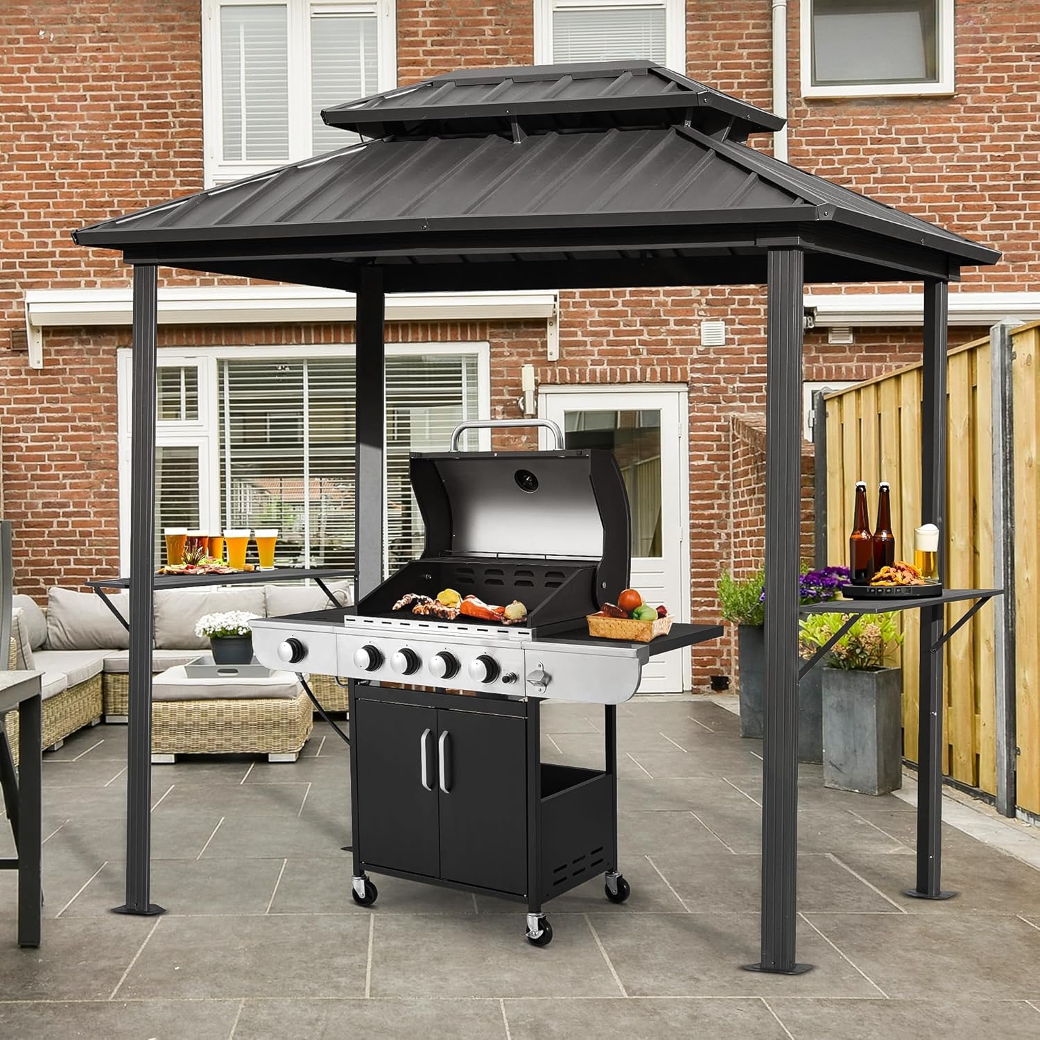 EROMMY BBQ Gazebo 2.4x1.8m,Permanent Grill Shelter,Hardtop Barbecue Canopy,with Galvanized Steel Double Roof,with 2 Side Shelves and Ceiling Hook,Outdoor for Garden Backyard Lawn Decking or Patio