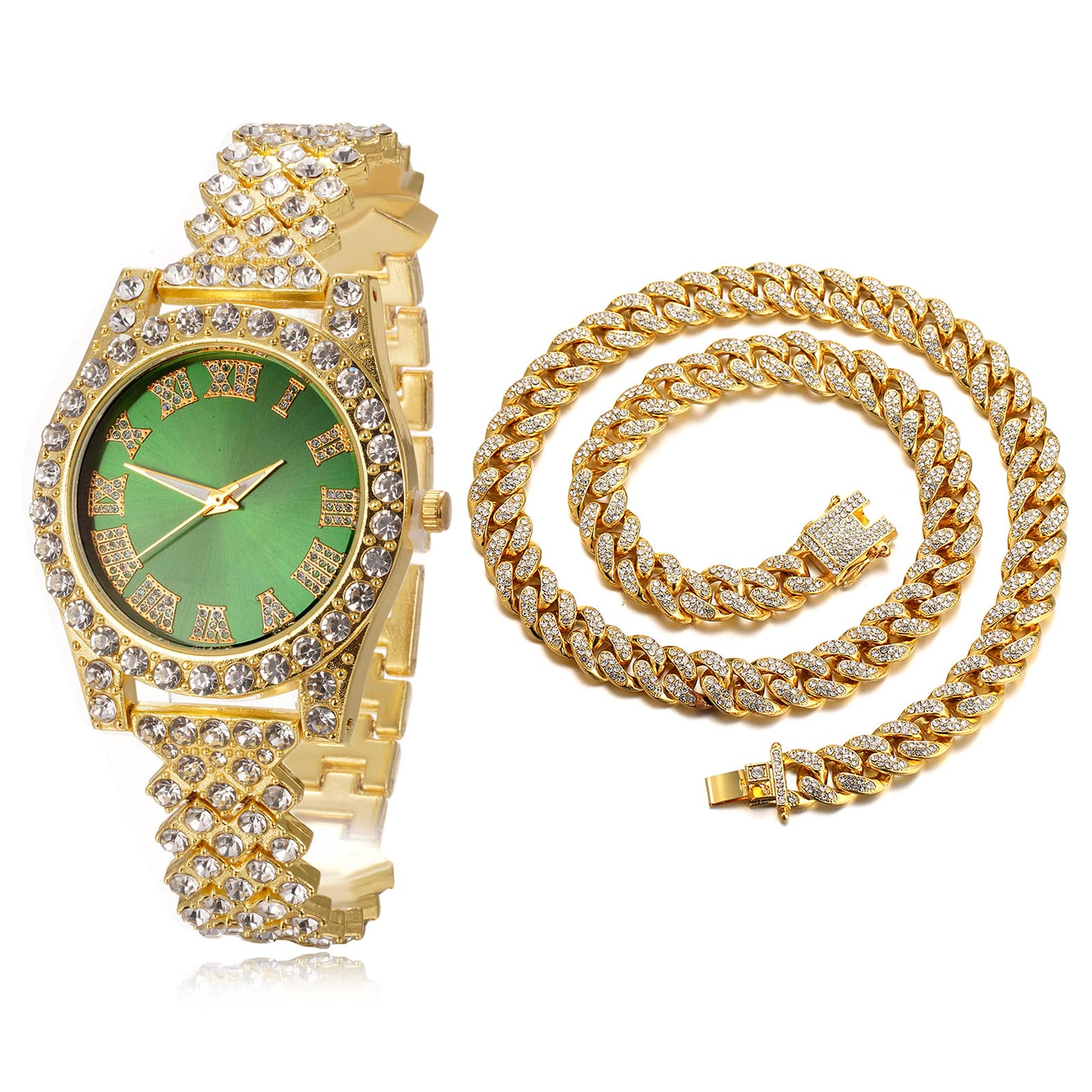 Halukakah Diamonds Gold Watch Iced Out, Kid's 18K Real Gold/Platinum White Gold Plated 36MM Width Green/Blue/Red Dial Quartz Wristband 8" with Cuban Link Chain 7"+16" Bracelet, Free Giftbox
