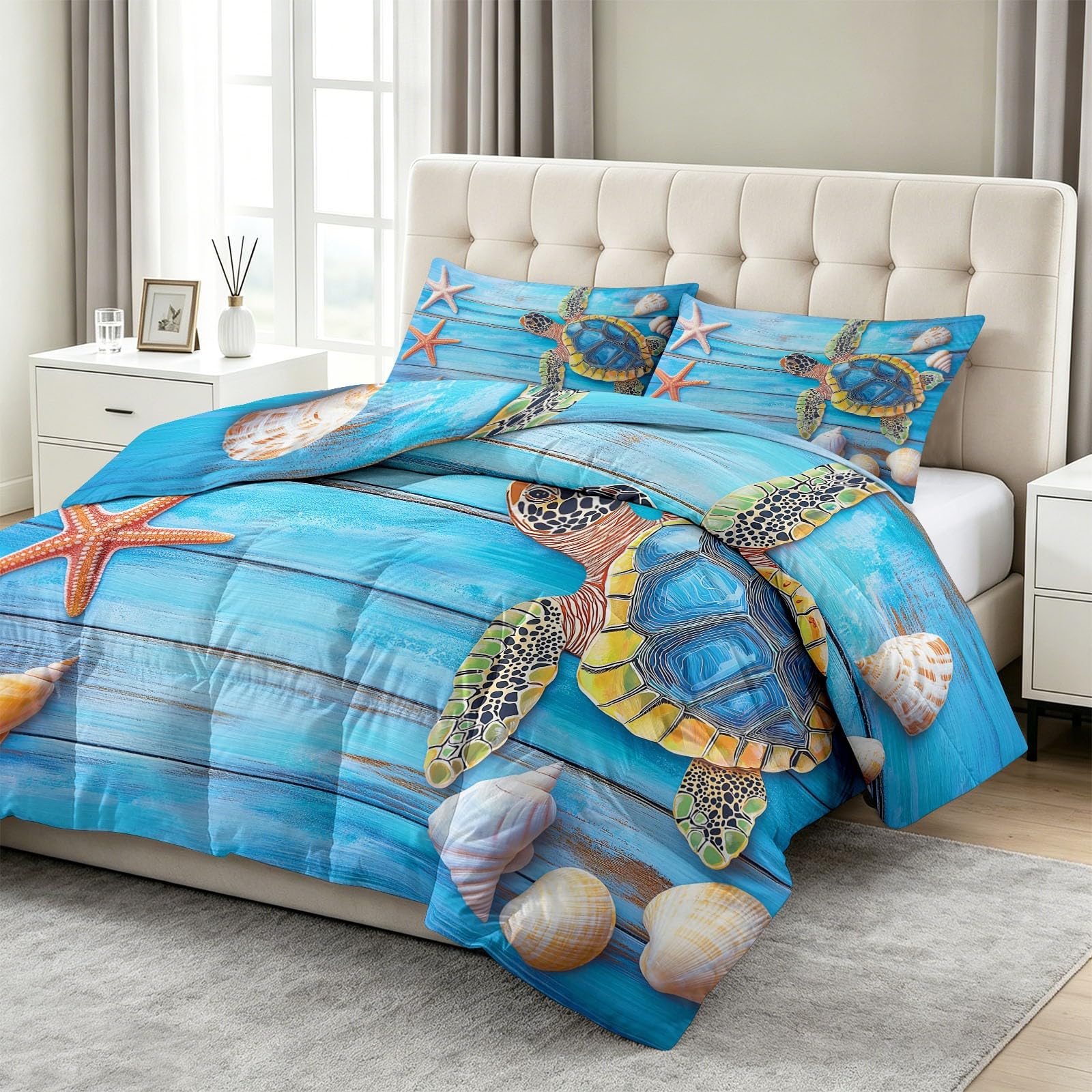 Tutte le stagioni - Trapunta in legno stile country, 240 x 260 cm, motivo: tartaruga in legno stile country, trapuntata, lussuosa e morbida, in piumino e piume, traspirante, lavabile in lavatrice