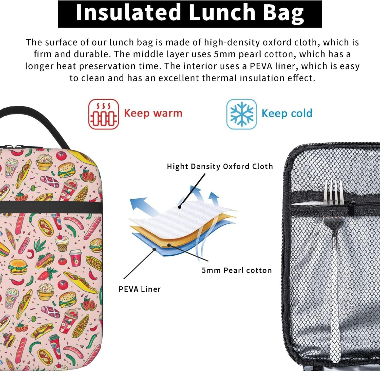 Tasty Fast Food Lunch Box,Insulated Lunchbox,Hot Dog and Colorful Fruit Design Bags,Reusable Cooler Lunchbag for Picnic,Travel,Office,Camping,Ideal Gifts for Women,Men,Kids