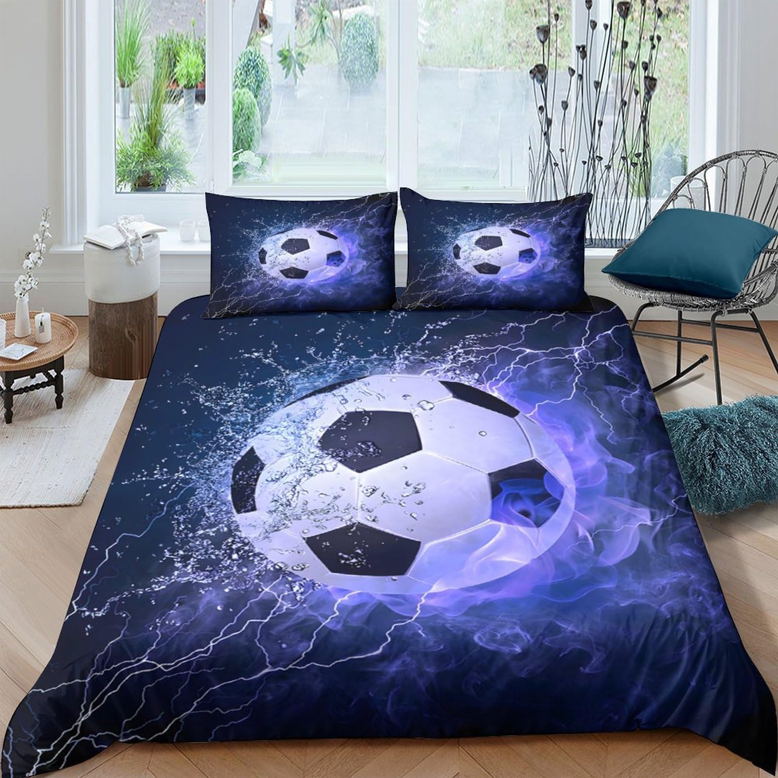 Ctjqhvkz Style-10 3D Printed Electric Blue Football Fitted Sheet Microfiber Soft Slip-Resistant Lightning Soccer Bed Cover For Bedroom Decor Single（135X200cm）