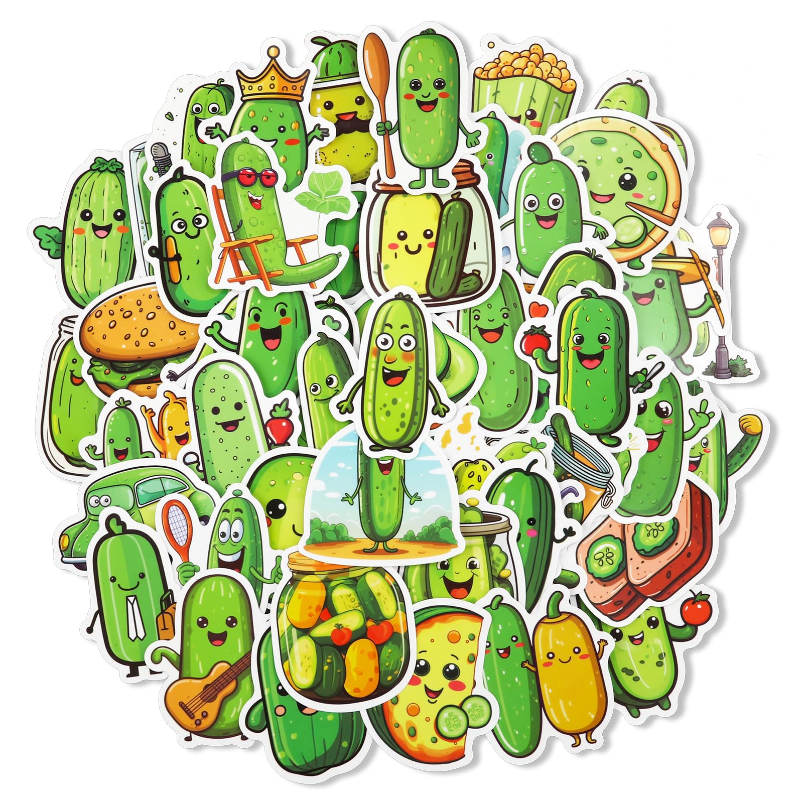 51pcs Funny Pickle Stickers, Cartoon Pickle Themed Decal Waterproof Water Bottles Cucumber Stickers for Kids Adult Laptop Skateboard Party Favor Gift Decoration Supplies