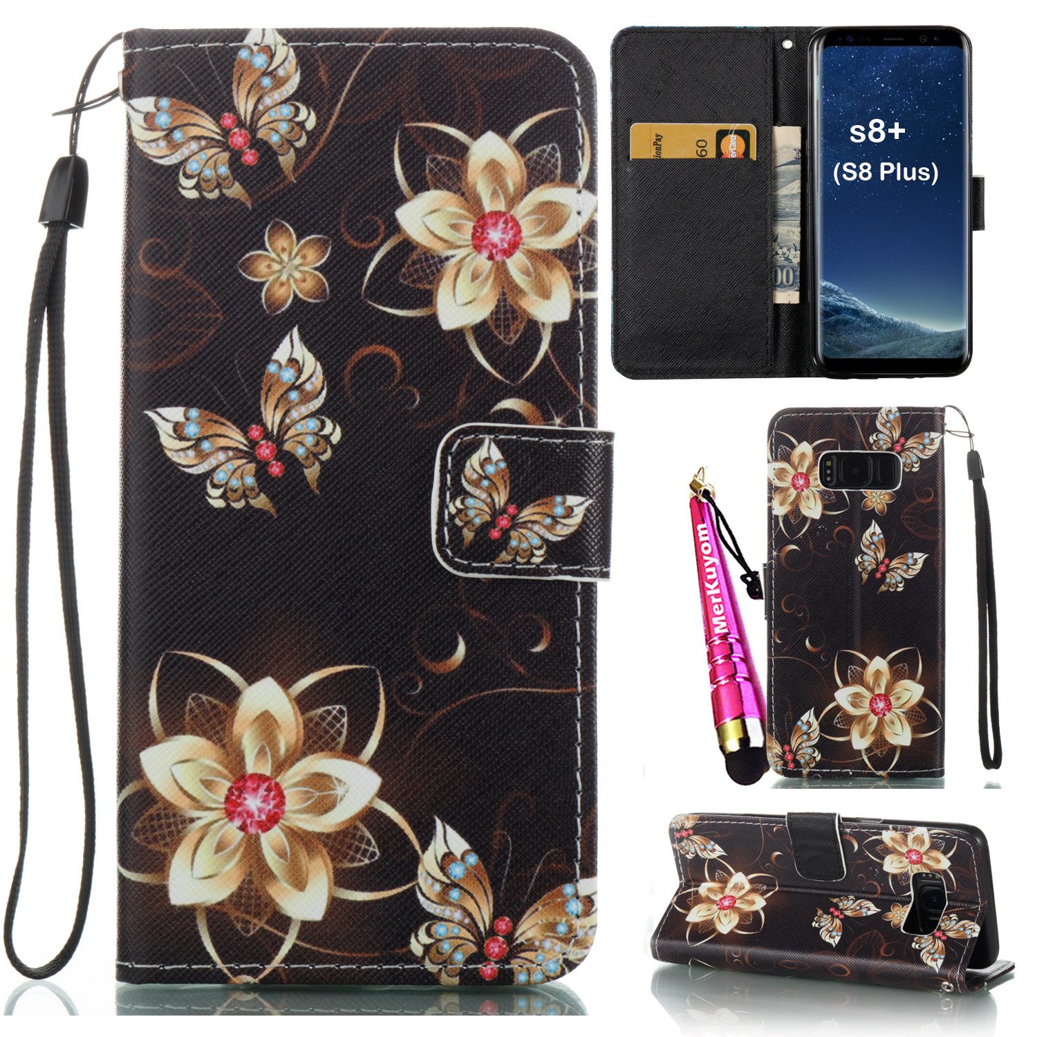Galaxy S8+ Case, for [S8 Plus], MerKuyom [Wrist Strap] [Kickstand] Premium PU Leather Wallet Pouch Protective Flip Cover Case for Samsung Galaxy S8 Plus / S8+, W/Stylus (Black Flower Butterfly)