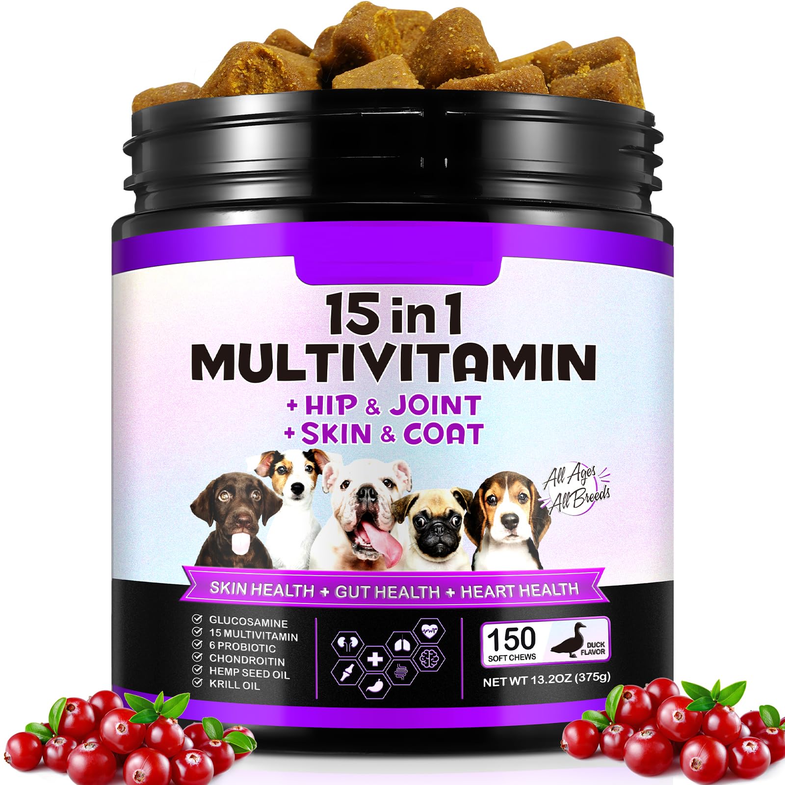 15 in 1 Dog Multivitamin Treats, 150 Chews Vitamins Supplements for Dogs, Hip & Joint Supplements, Immune System, Skin & Coat, Gut Health, Vitamins for Dogs of All Ages & Breeds, Duck Flavor