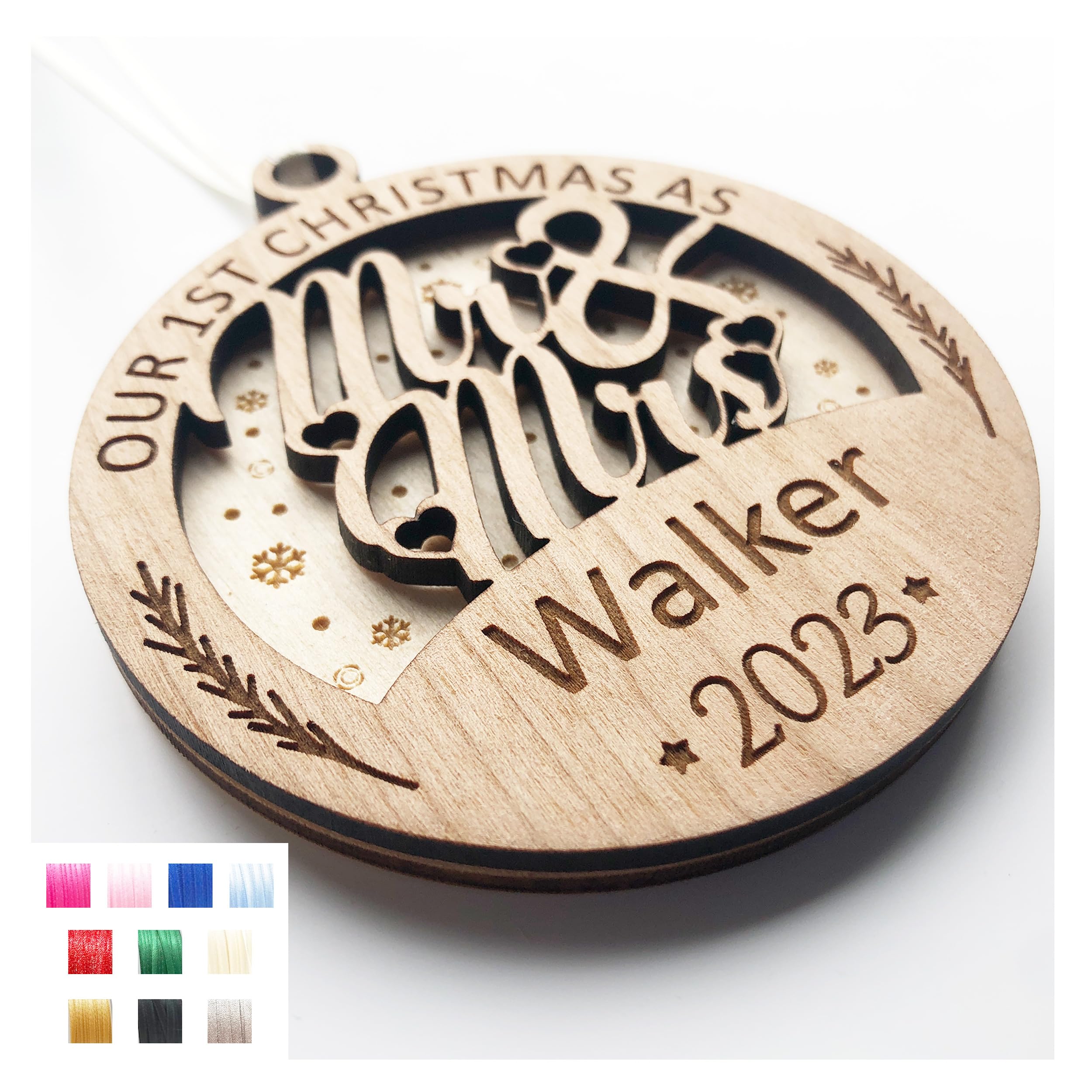 Lovethis** Cherry 1St Christmas As Mr & Mrs Newlyweds Xmas Gift - Wooden Tree Bauble Decoration Double Layered 3D Xmas Gift