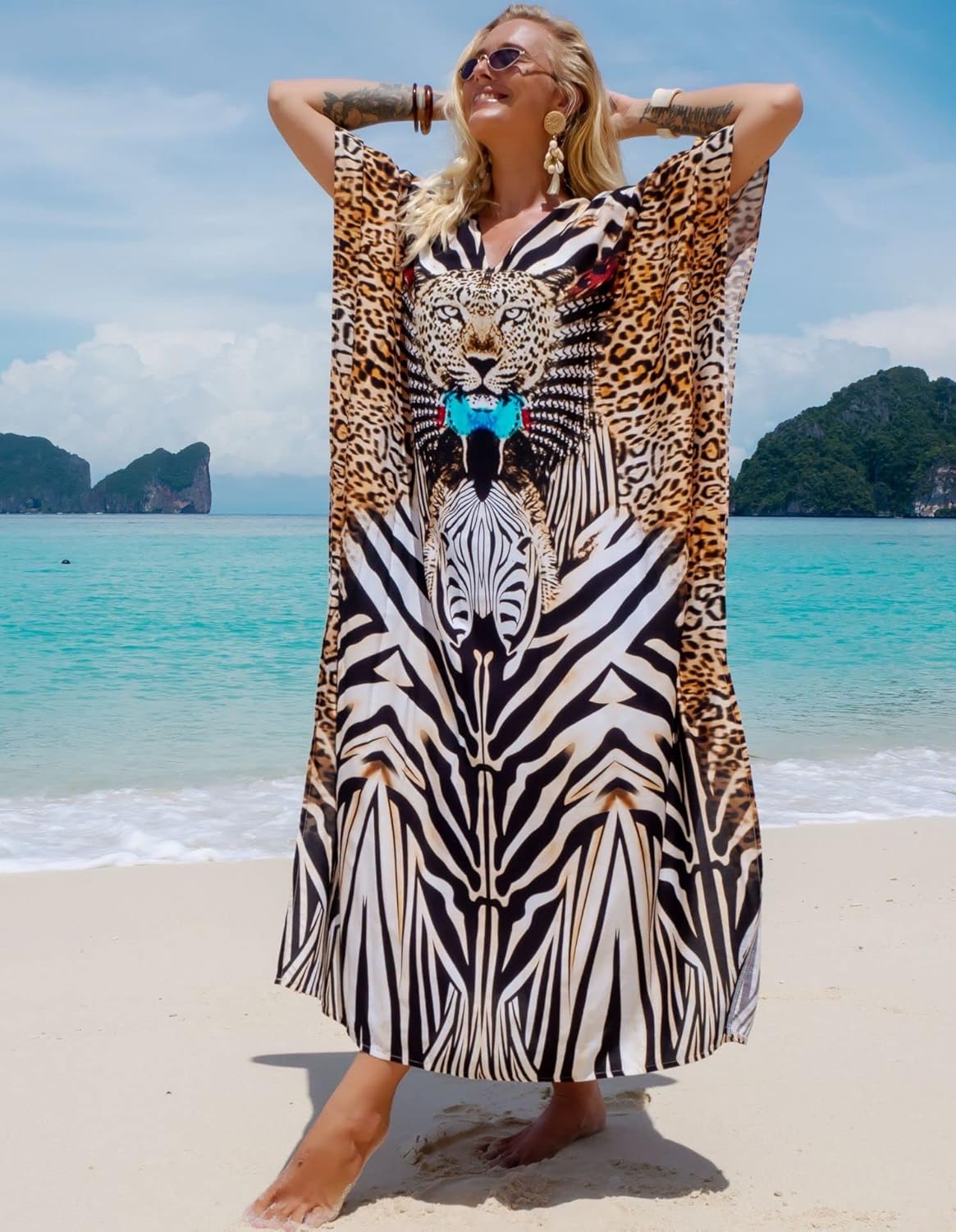 Women's Plus Size Moroccan Print V-Neck Batwing Kaftan Loose Fit Beach Dress Bathing Suit Cover Up - Image 3